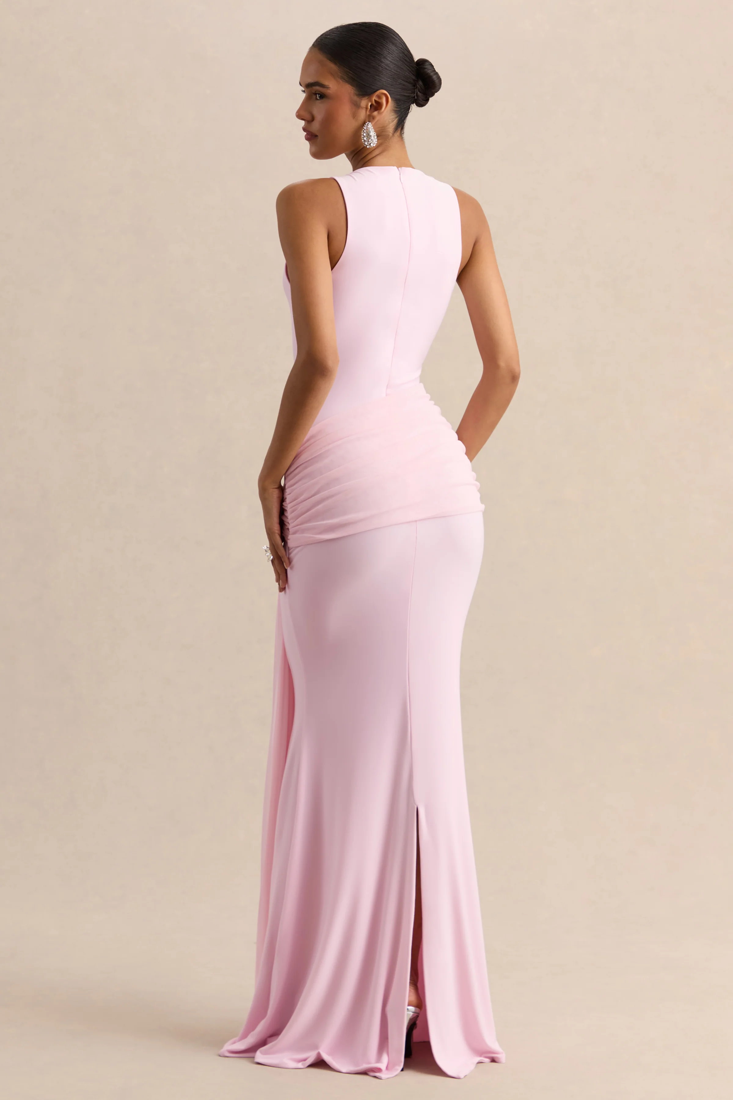 Mirene | Light Pink Round-Neck Maxi-Dress With Gathered-Detailing And Sash - Image 3