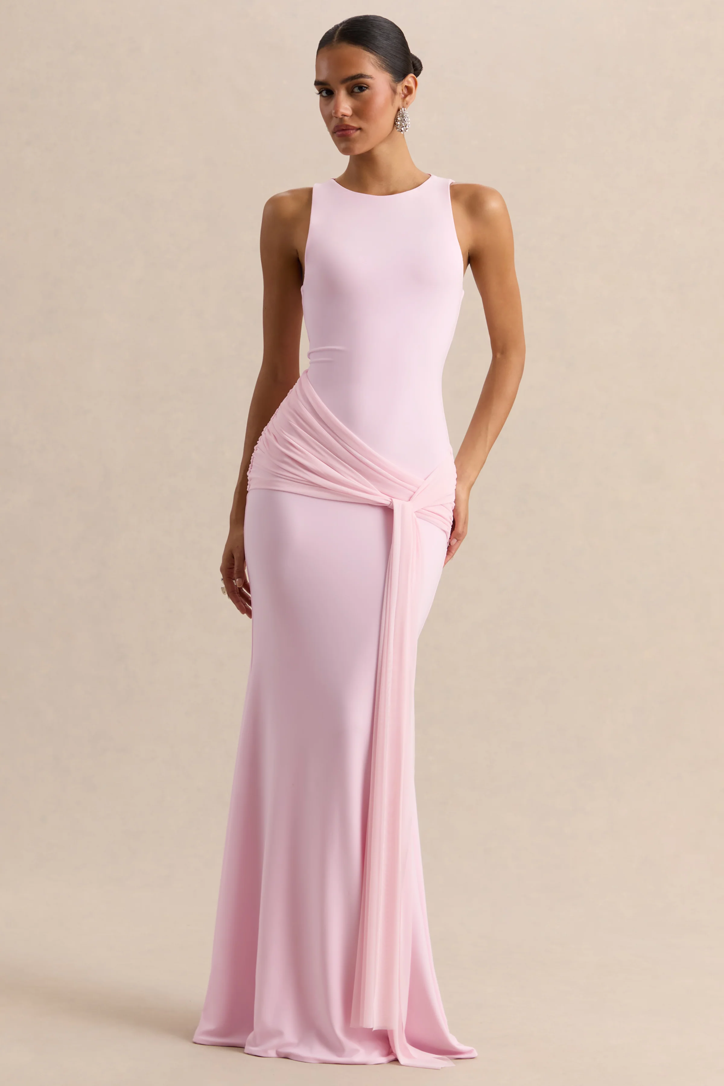 Mirene | Light Pink Round-Neck Maxi-Dress With Gathered-Detailing And Sash - Image 8