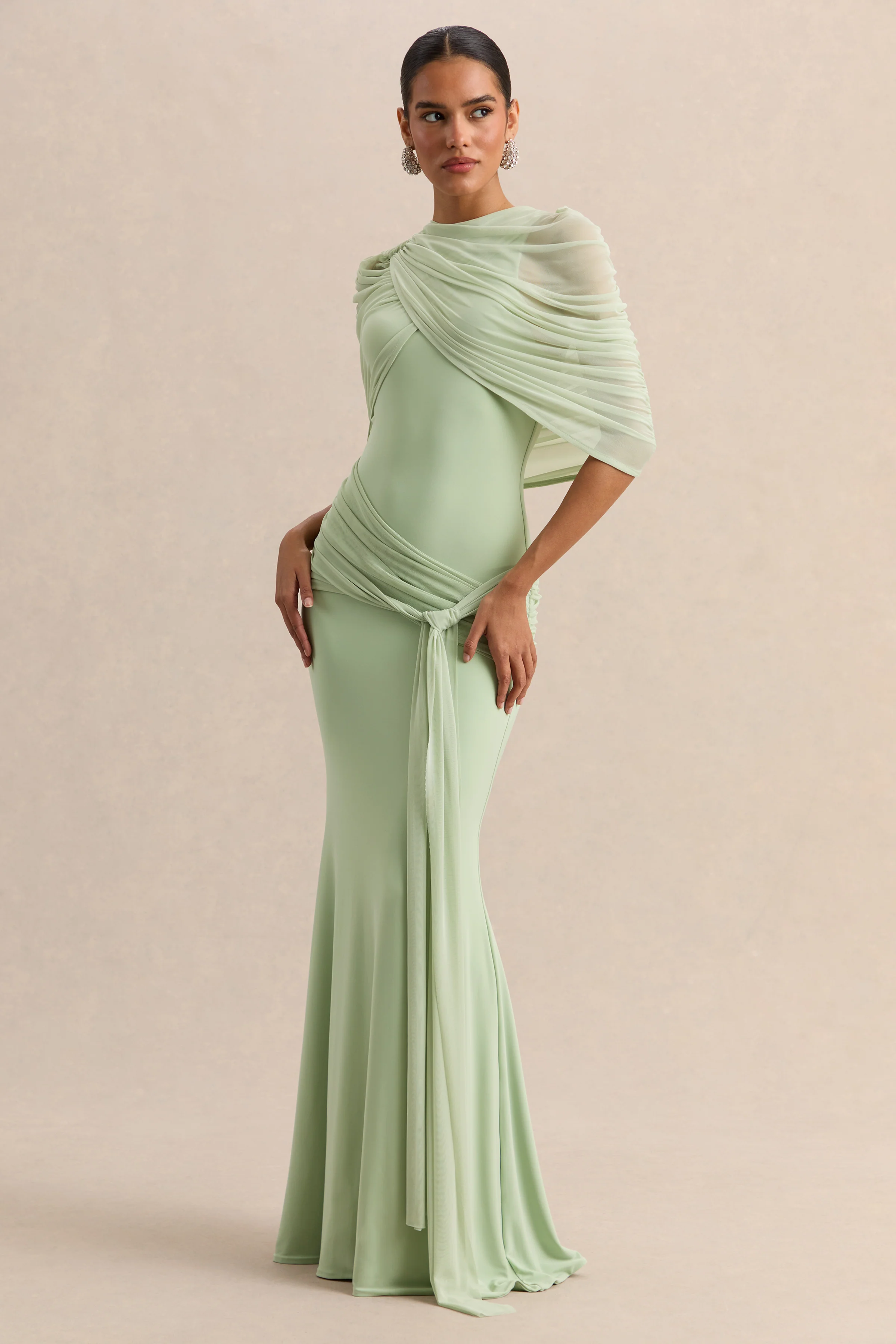 Mirene | Mint Round-Neck Maxi-Dress With Gathered-Detailing And Sash