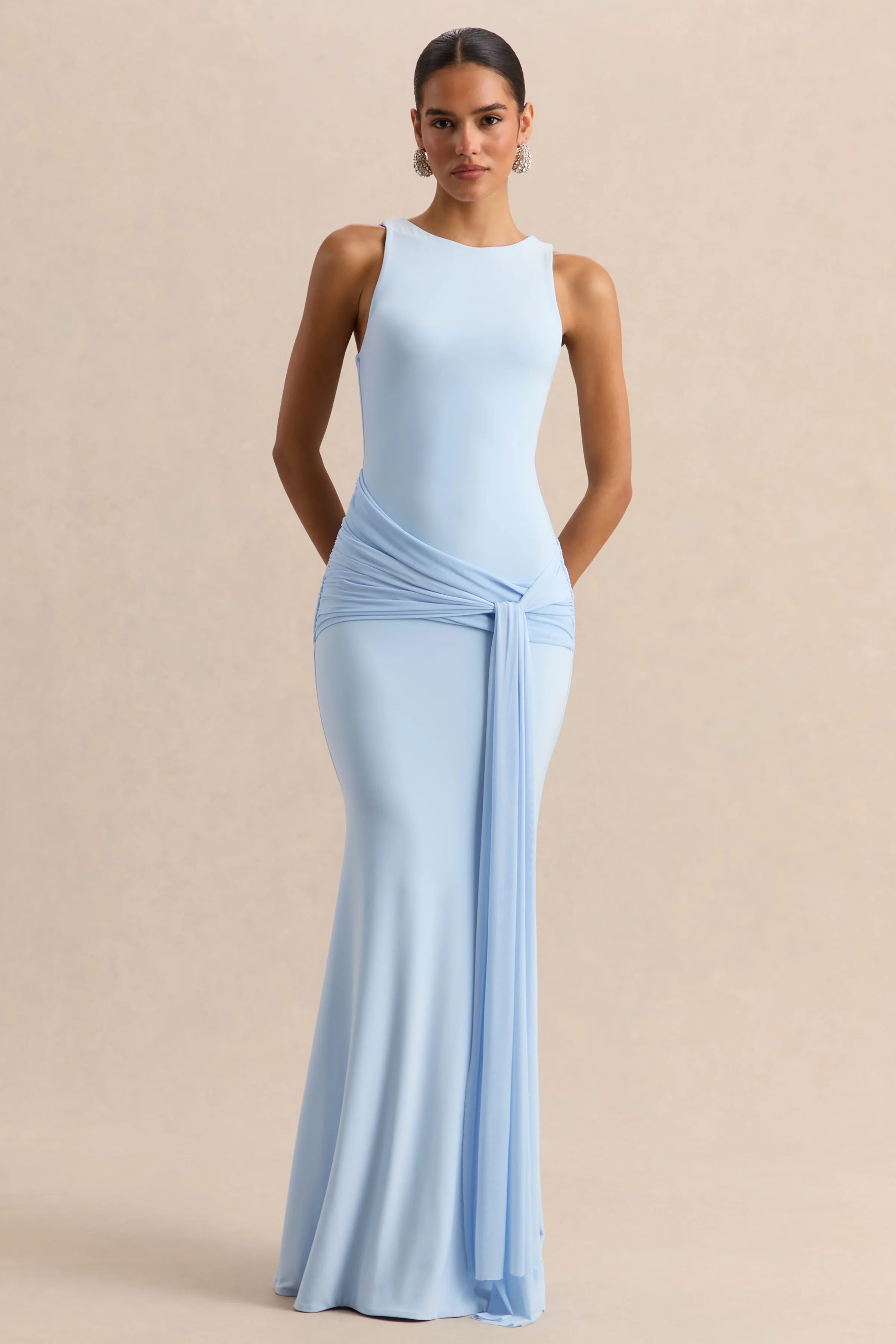 Mirene | Powder Blue Round-Neck Maxi-Dress With Gathered-Detailing And Sash - Image 3