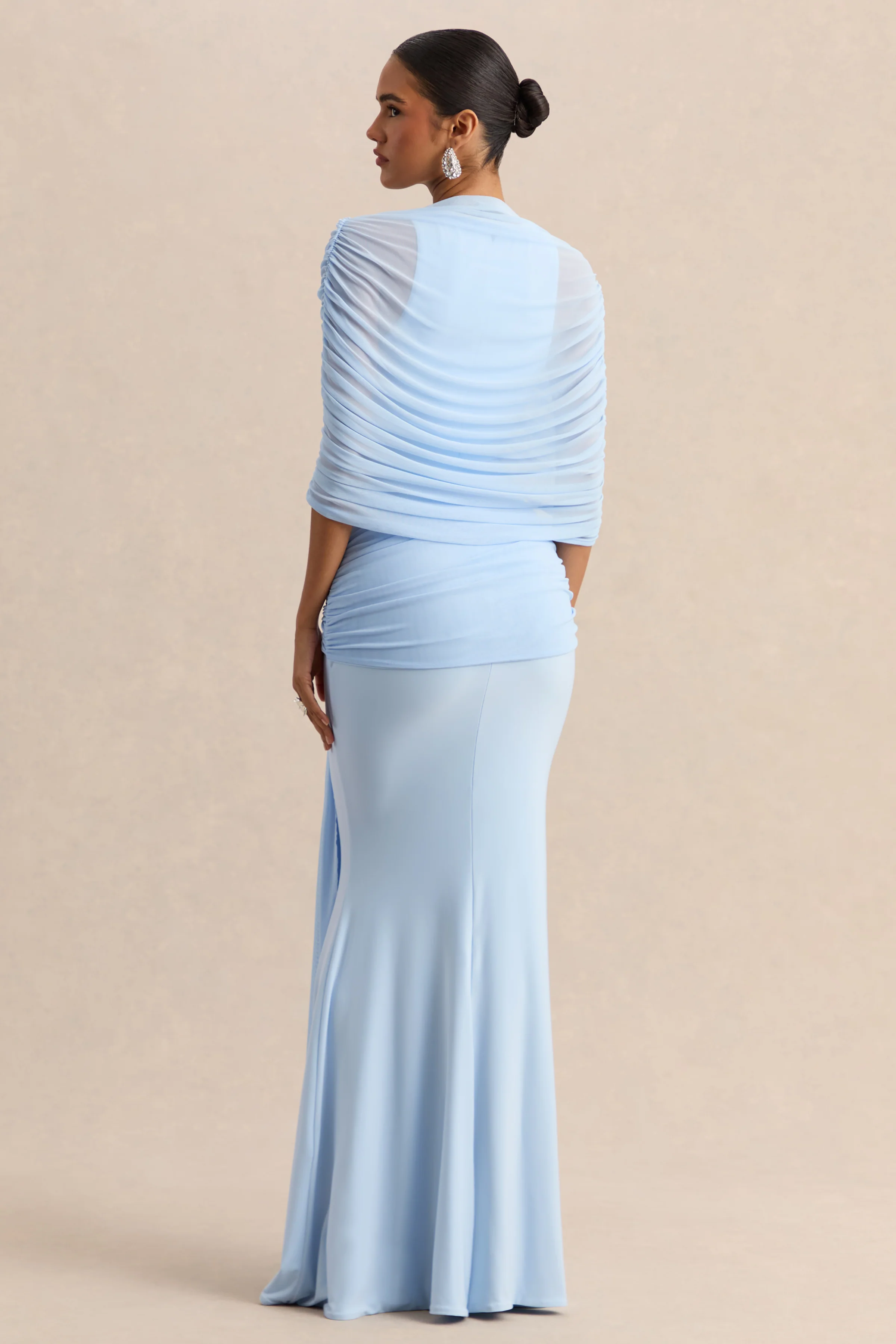 Mirene | Powder Blue Round-Neck Maxi-Dress With Gathered-Detailing And Sash - Image 4