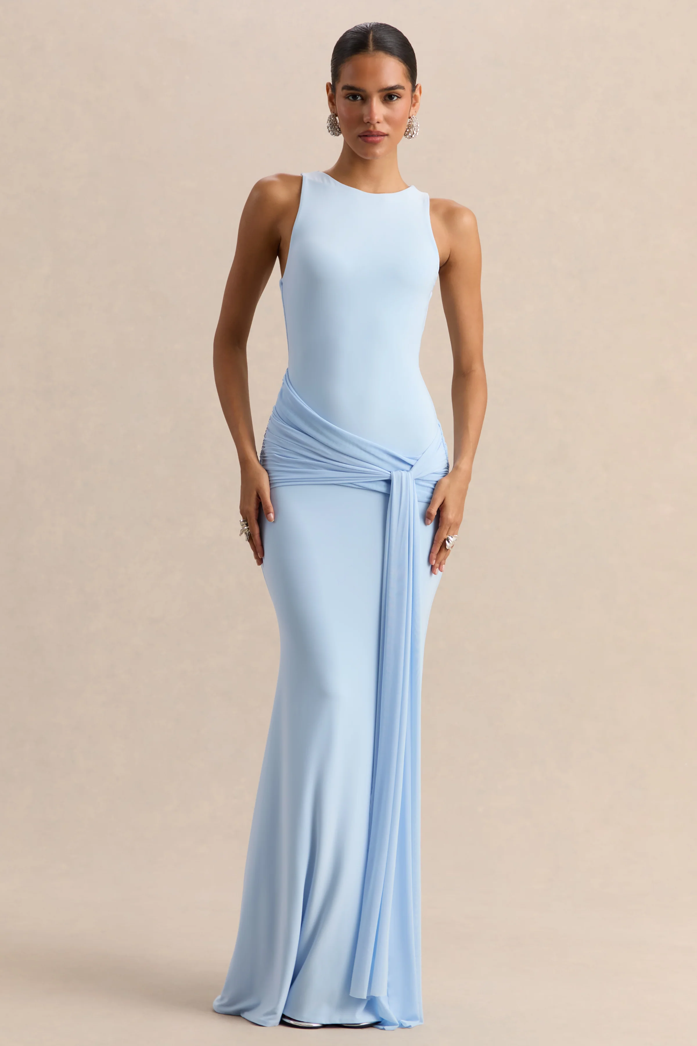 Mirene | Powder Blue Round-Neck Maxi-Dress With Gathered-Detailing And Sash - Image 7
