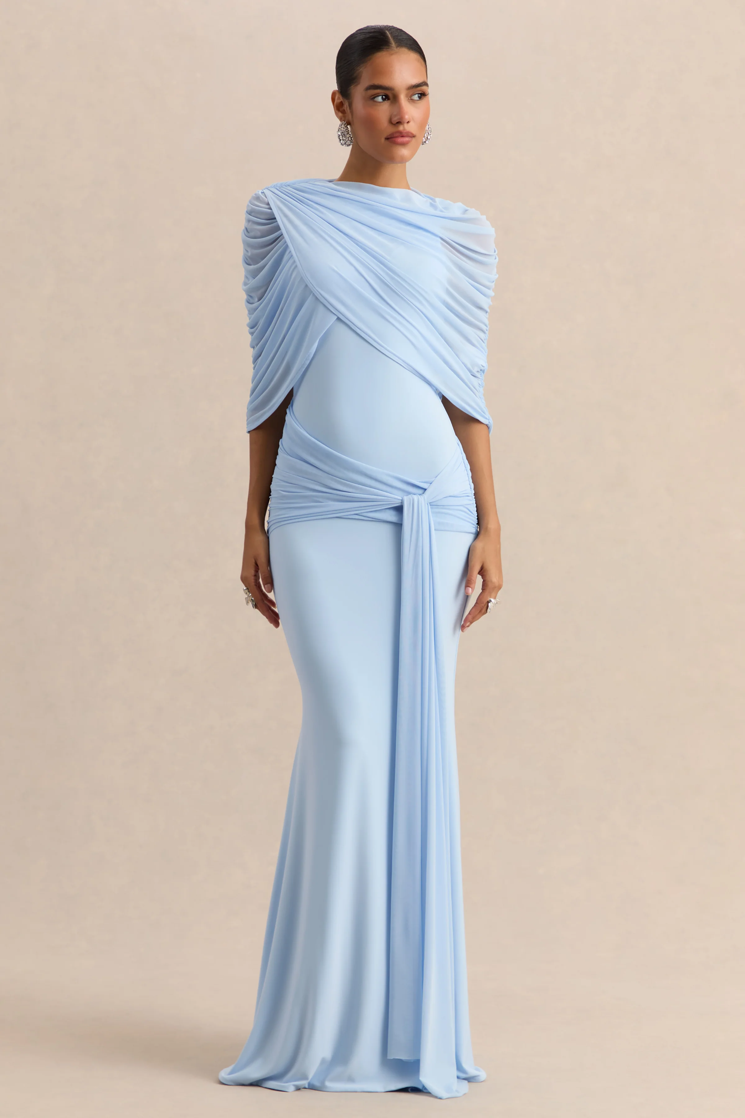 Mirene | Powder Blue Round-Neck Maxi-Dress With Gathered-Detailing And Sash - Image 8