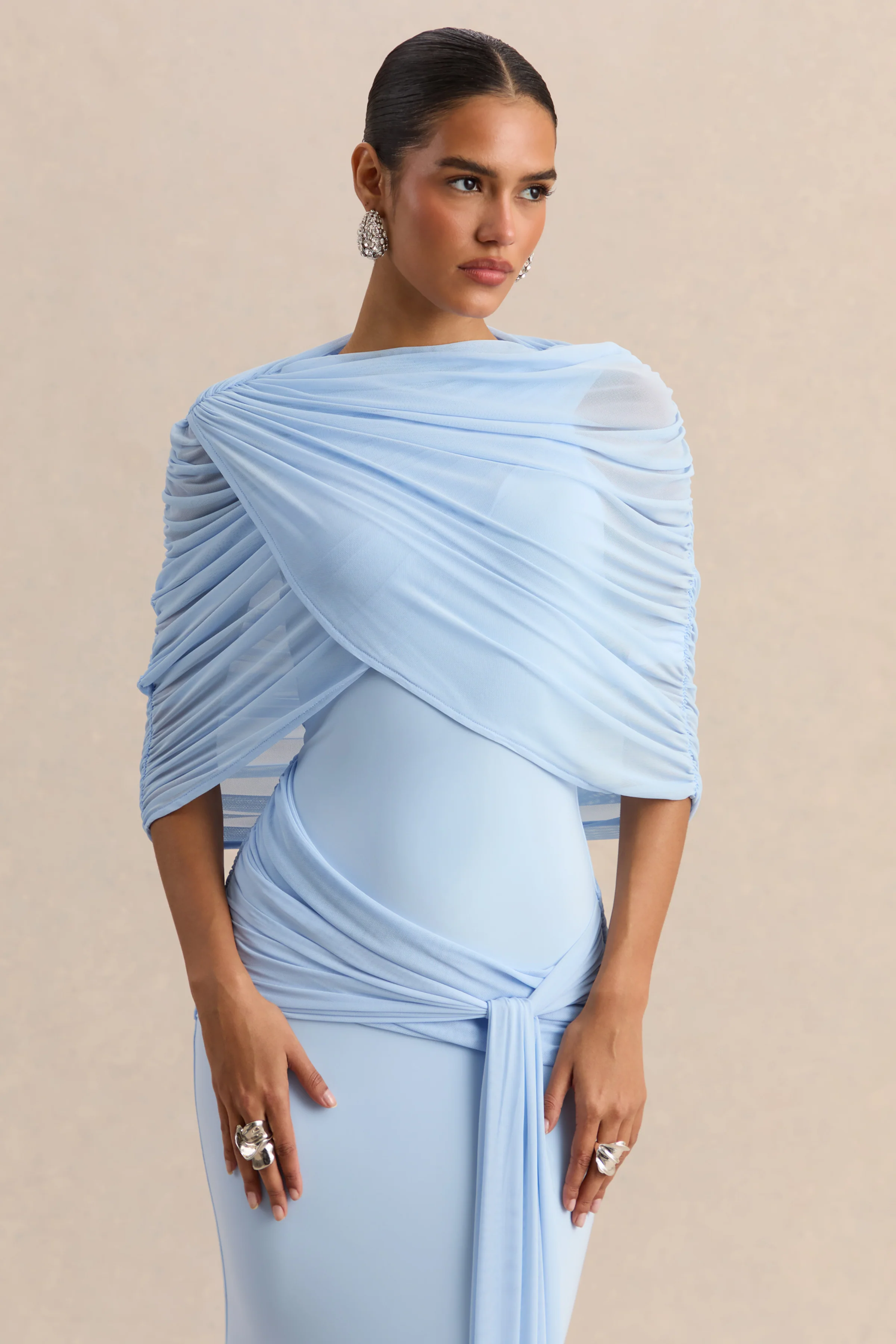 Mirene | Powder Blue Round-Neck Maxi-Dress With Gathered-Detailing And Sash - Image 9