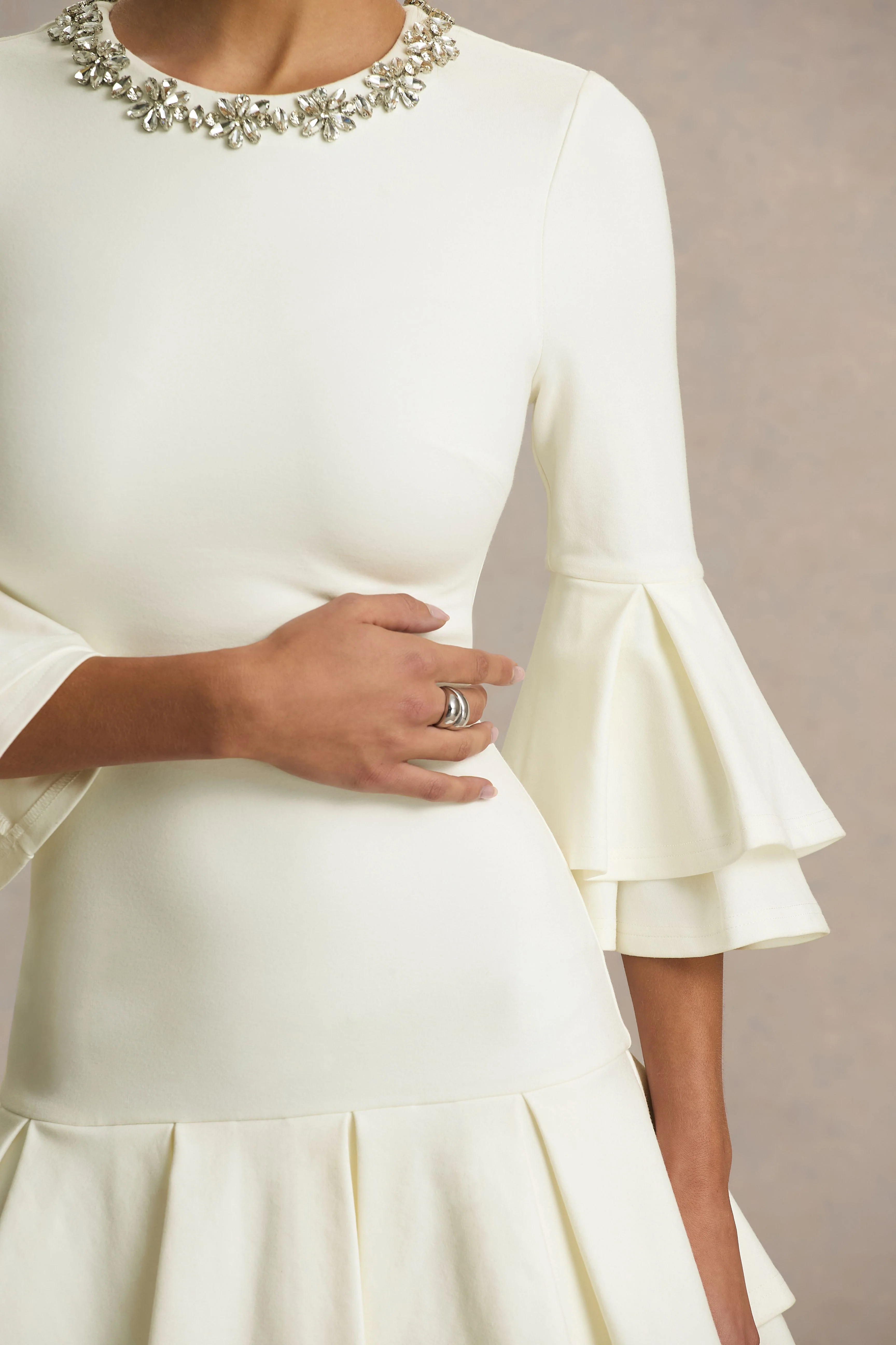 Mirna | Cream Crew Neck Mini Dress With Bell Sleeves And Ruffled Detailing - Image 3