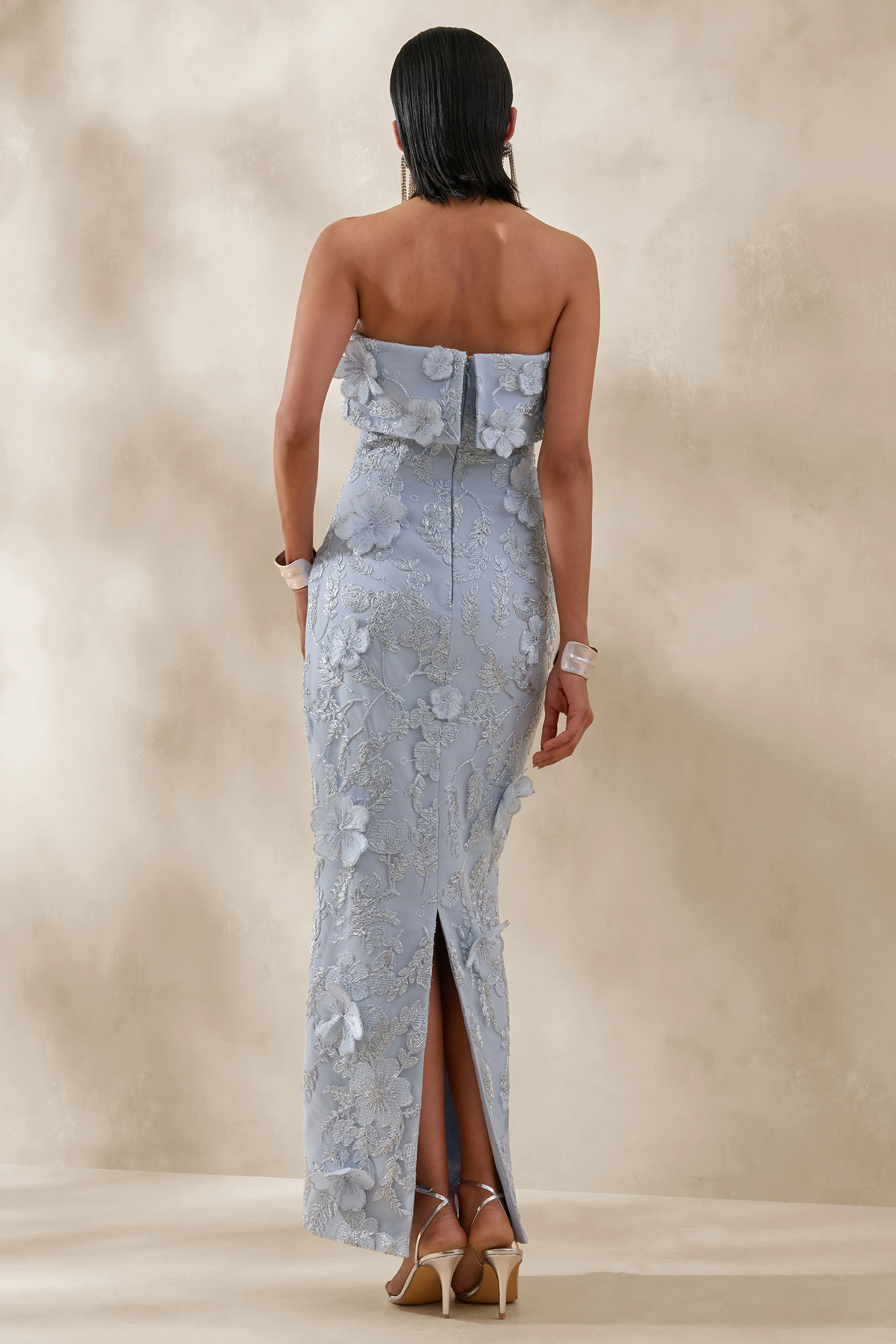 Misha | Light Blue 3D Floral Bandeau Maxi Dress - Image 3