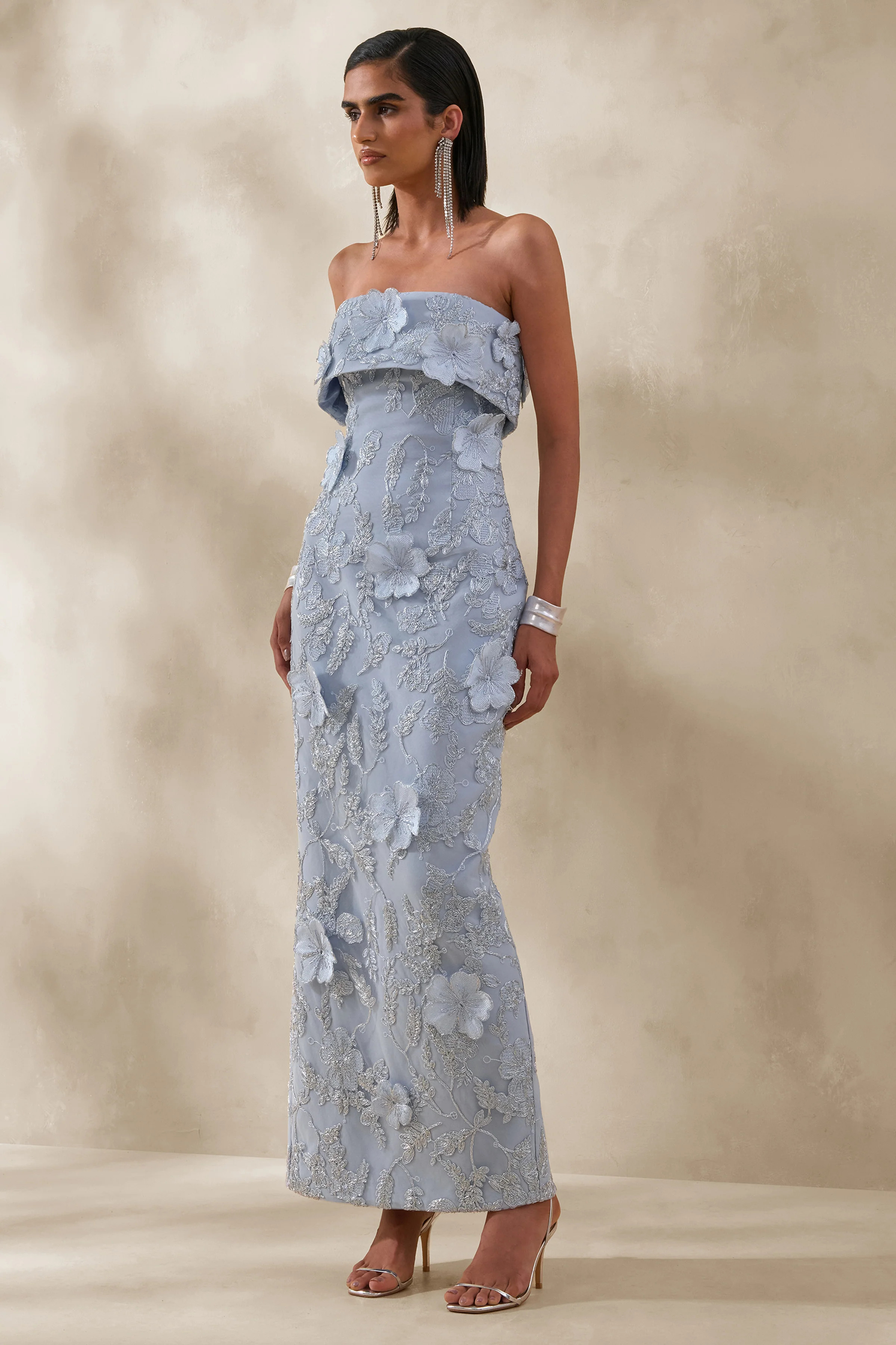 Misha | Light Blue 3D Floral Bandeau Maxi Dress - Image 4