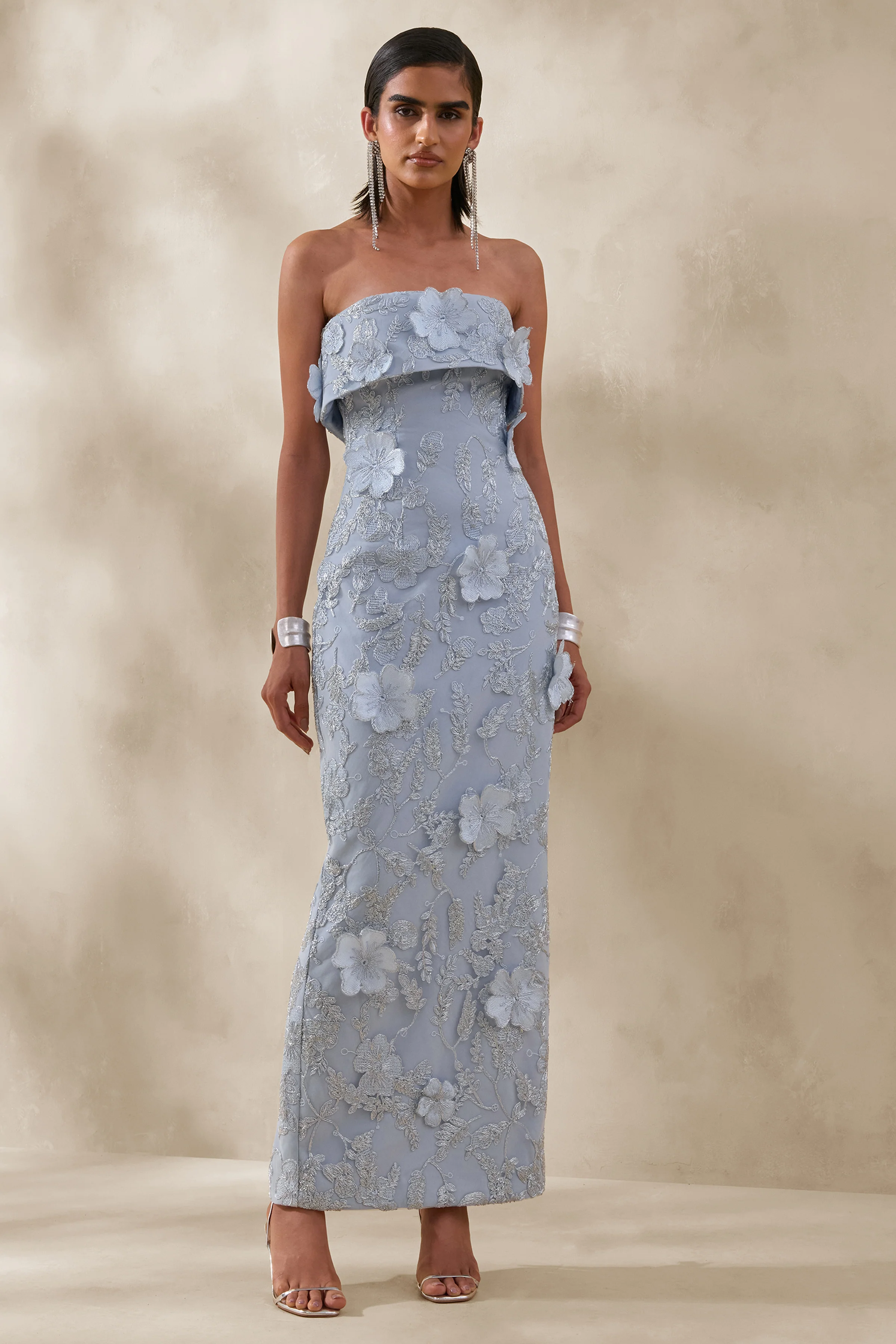 Misha | Light Blue 3D Floral Bandeau Maxi Dress - Image 5