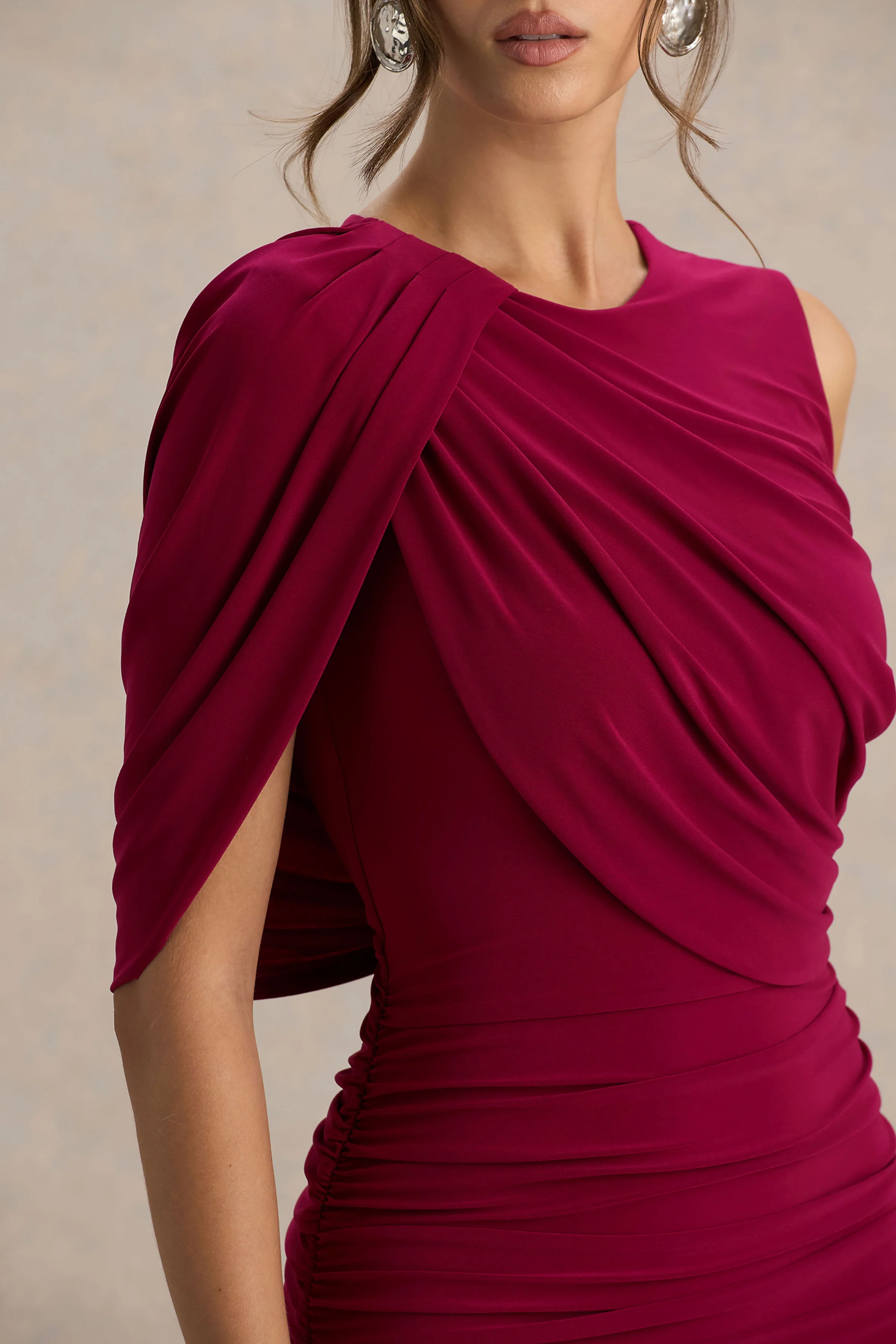Missy | Burgundy Mini Dress With Cape-Sleeve And Ruched Detailing - Image 3