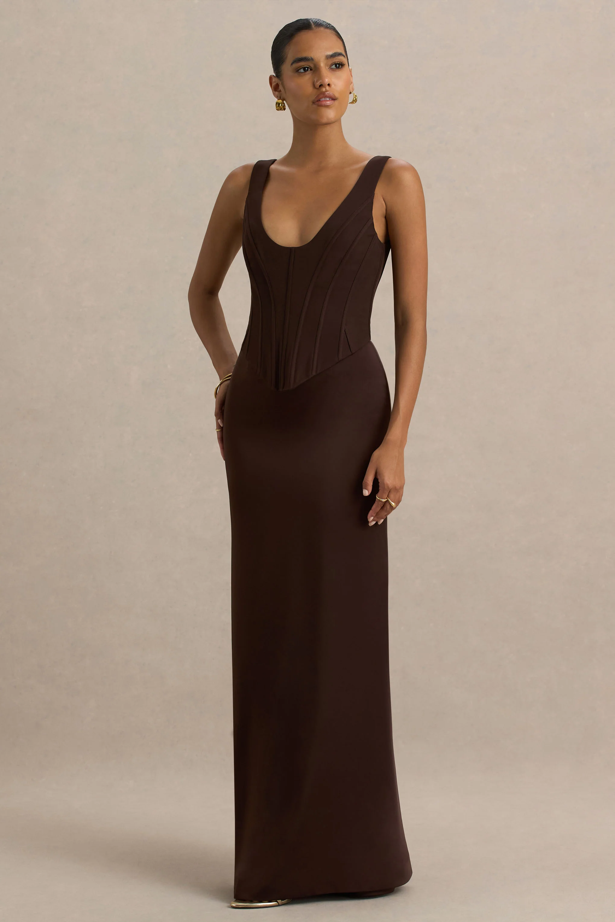 Morgan | Brown Satin Corset Maxi Dress - Image 3