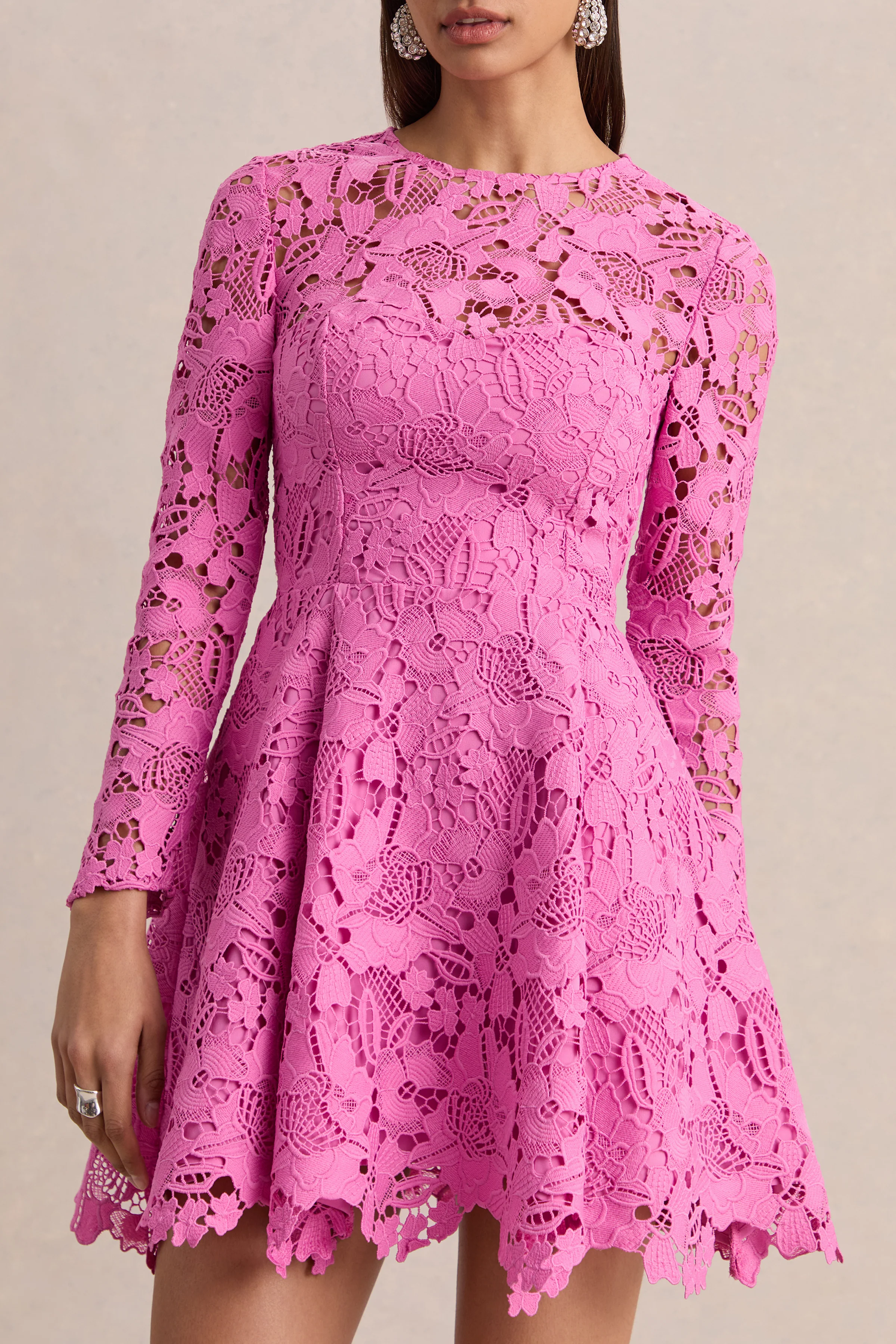 Morina | Pink Lace Crew-Neck Mini Dress - Image 3