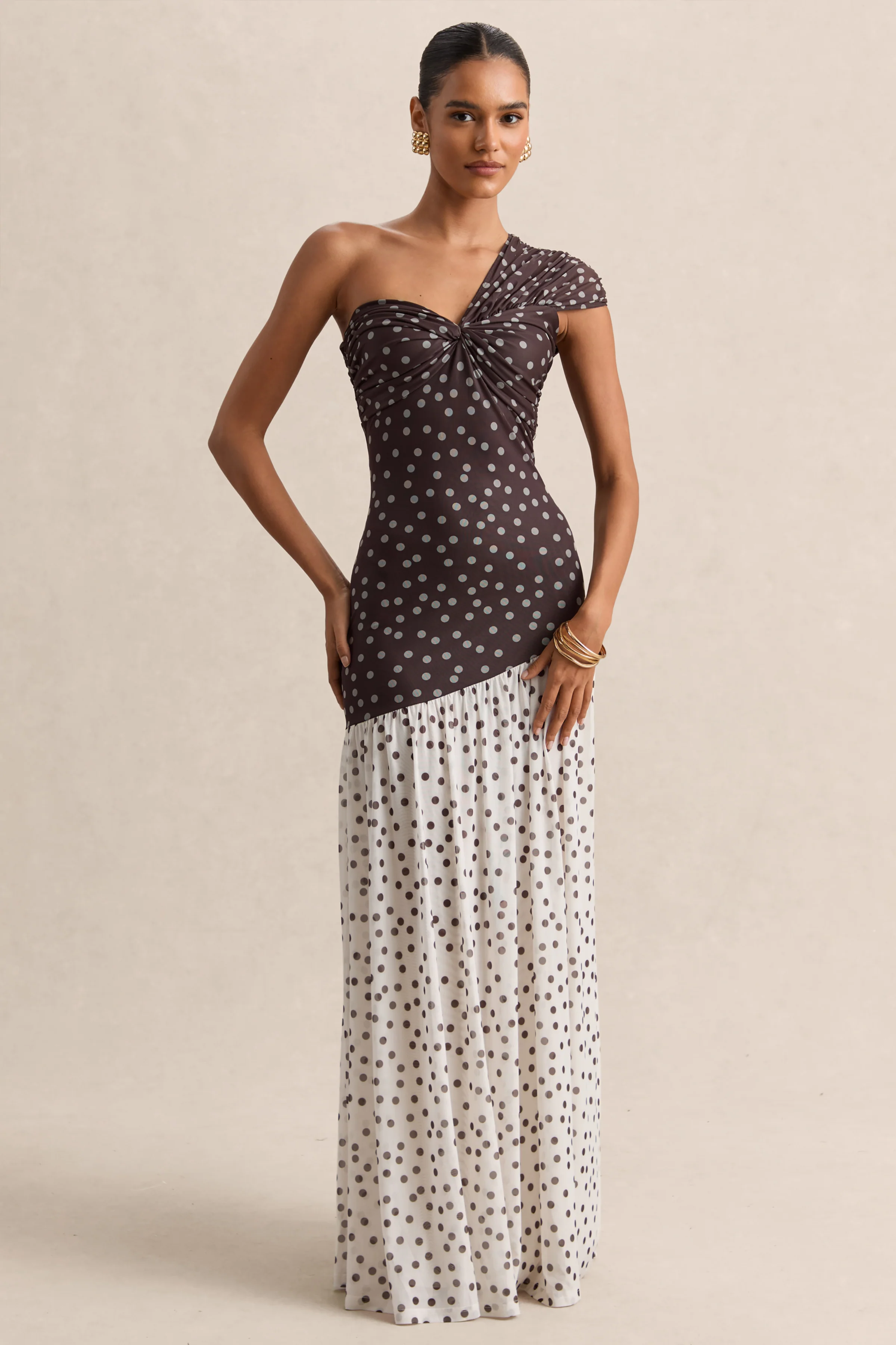 Motira | Brown Polka-Dot Asymmetric-Neck Maxi Dress With Asymmetric Drop-Waist
