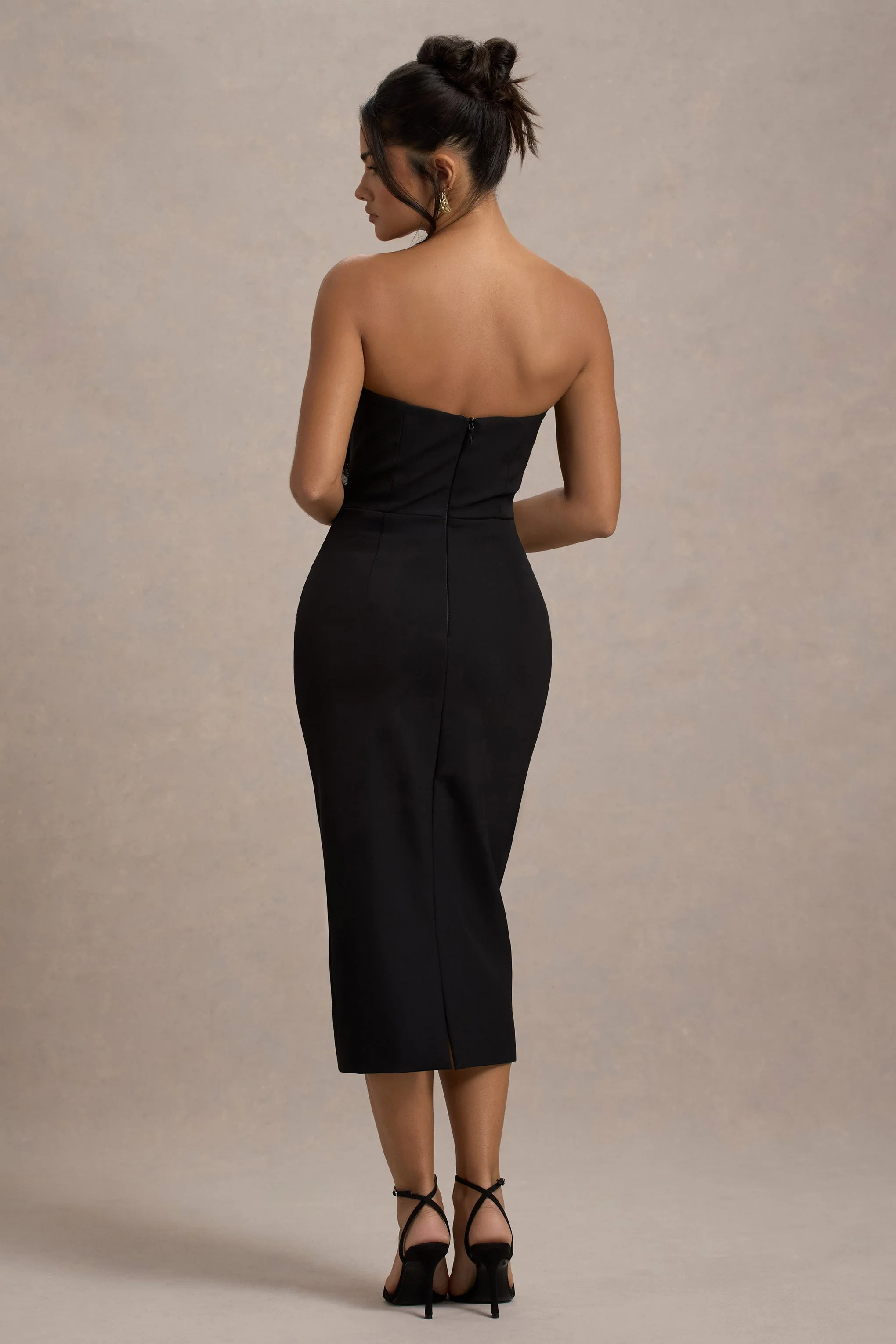 Moya | Black & Gold Bodycon Midi Dress With Corsage Detail - Image 2
