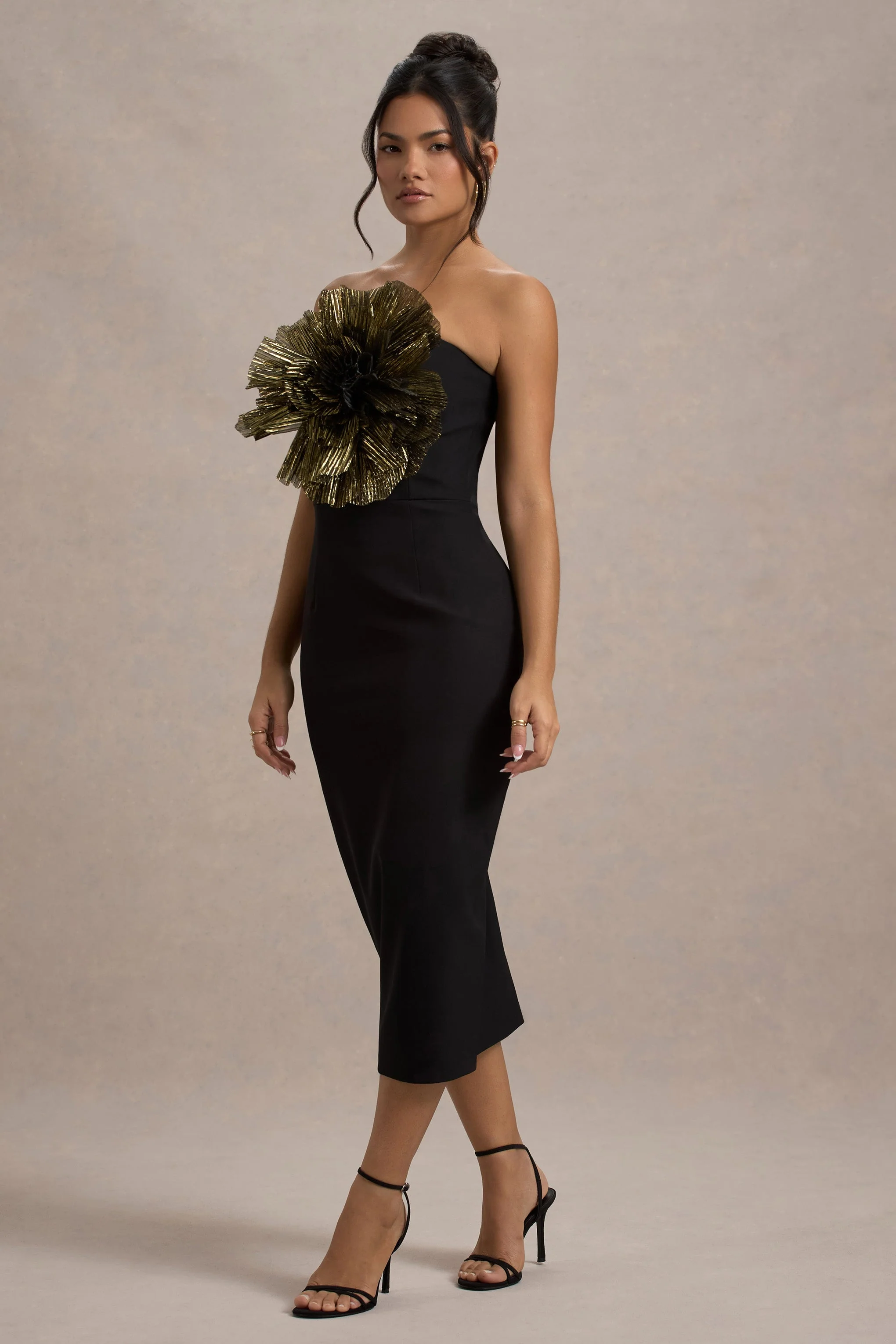 Moya | Black & Gold Bodycon Midi Dress With Corsage Detail - Image 5
