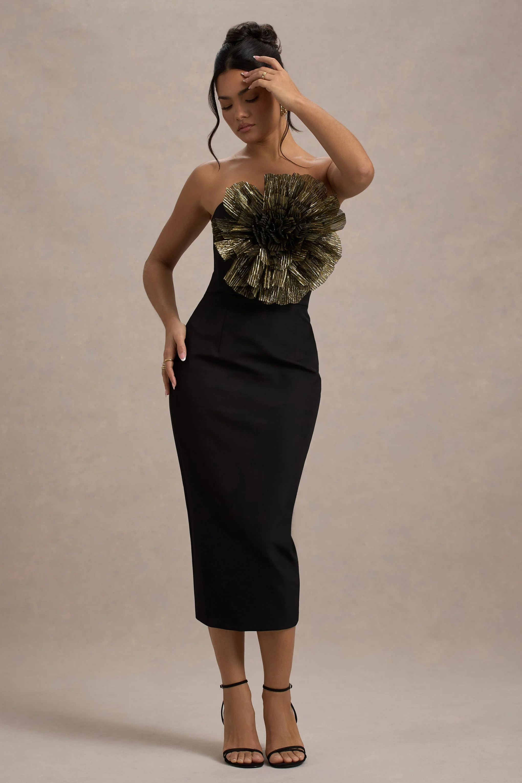 Moya | Black & Gold Bodycon Midi Dress With Corsage Detail - Image 7