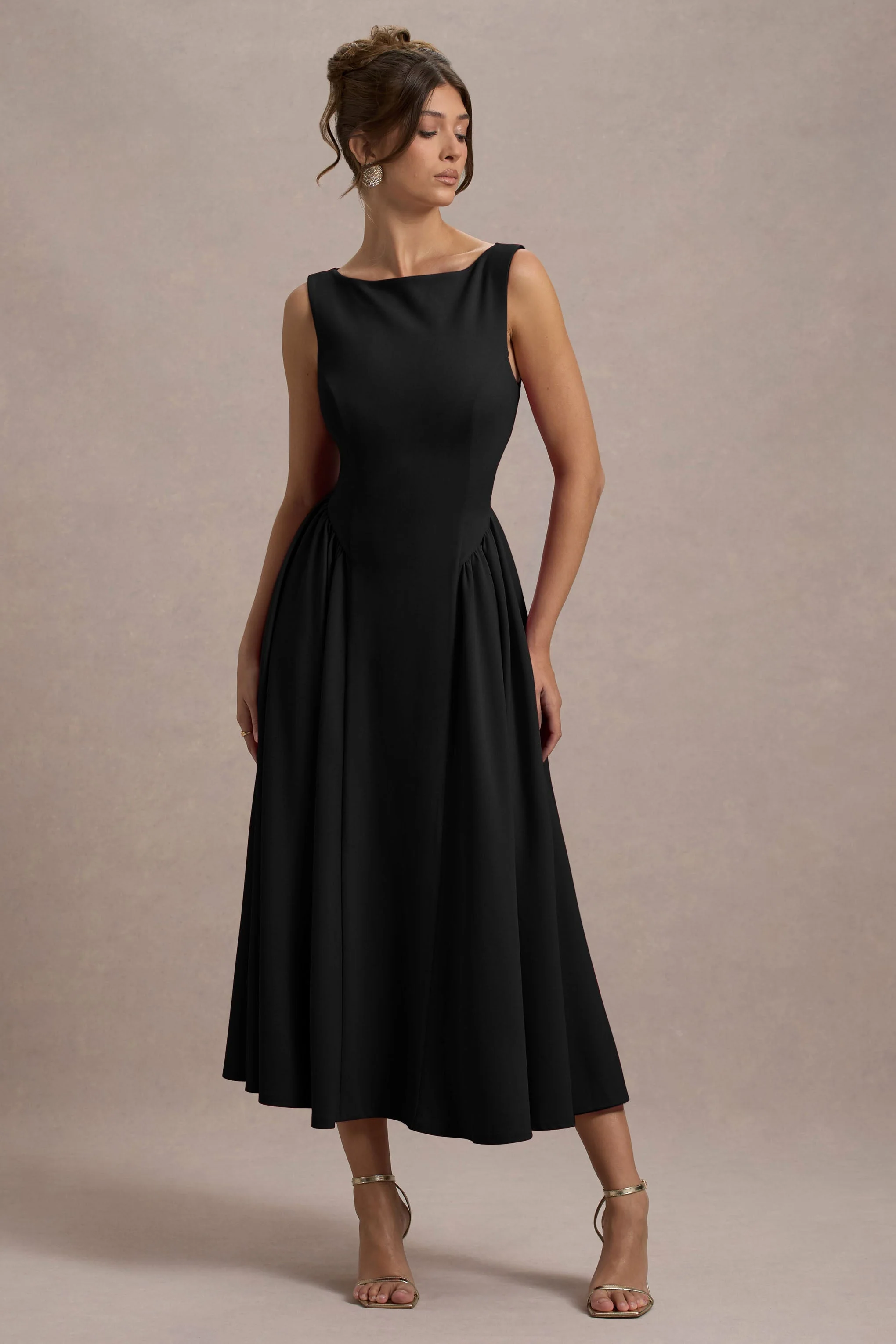 Muriel | Black Boat-Neck Volume-Hem Midi Dress - Image 3