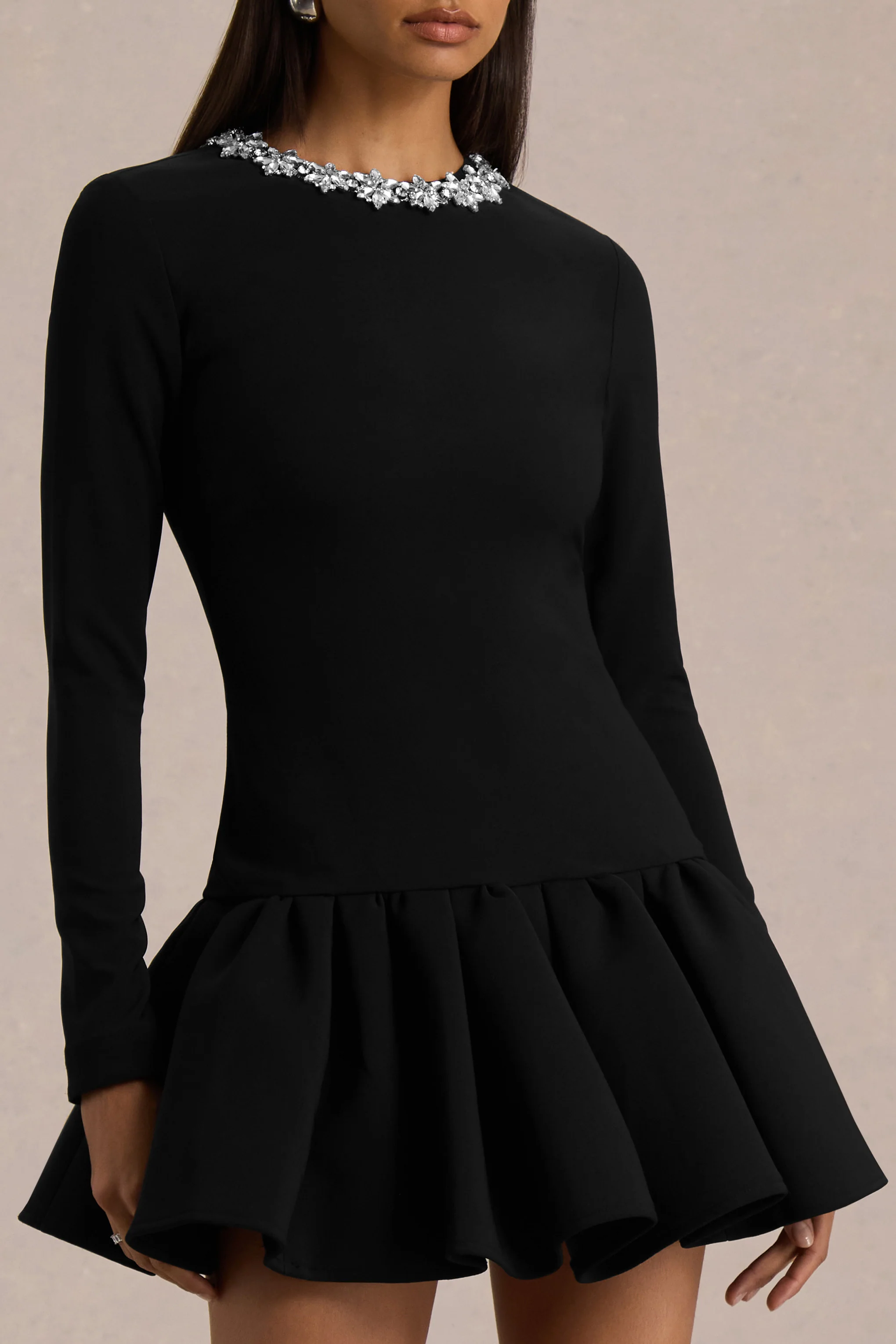 My Wish | Black Embellished Crew-Neck Mini Dress With Drop-Waist - Image 3