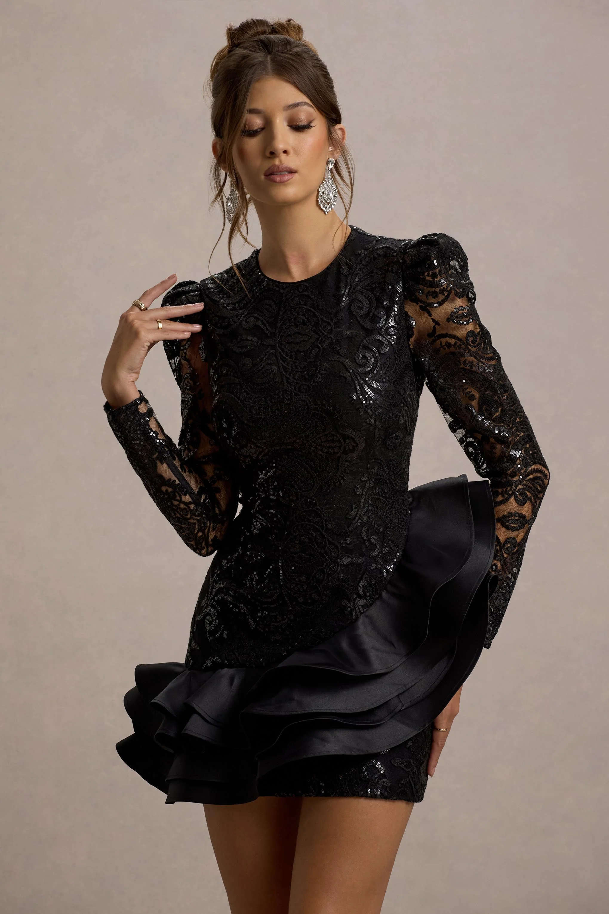 Myka | Black Sequin Long-Sleeve Ruffle Hem Mini Dress - Image 3