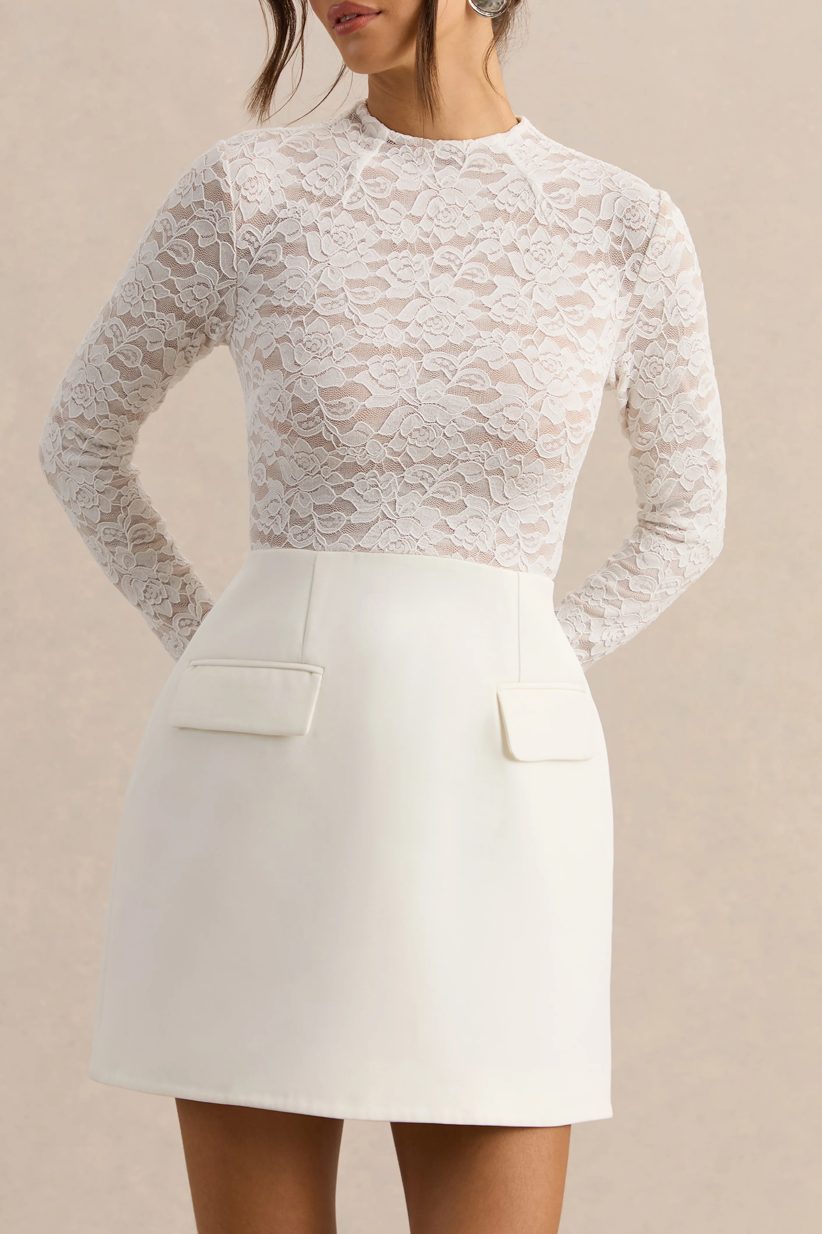 Mysteria | White High-Neck Lace Mini-Dress With Pocket-Details - Image 5