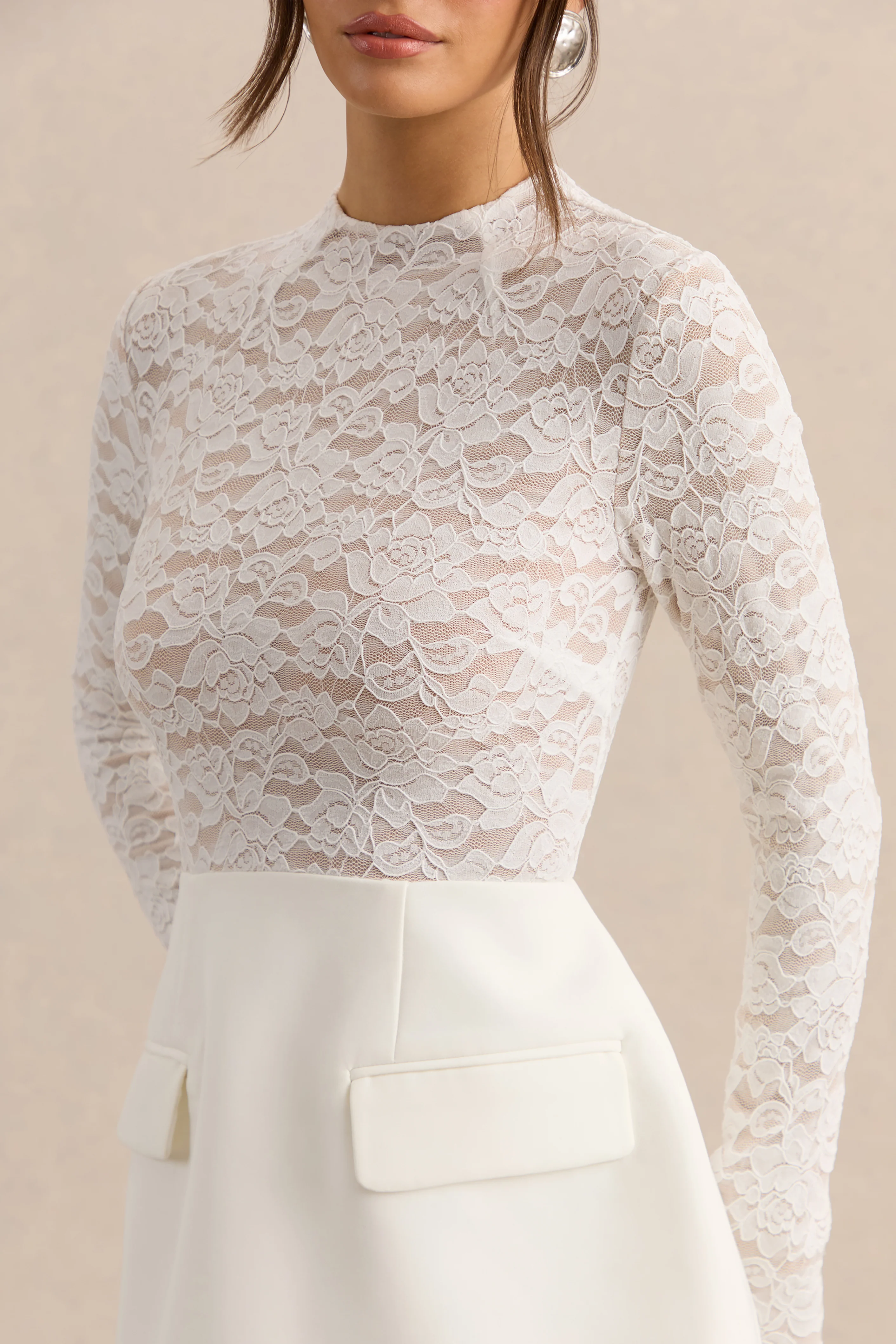 Mysteria | White High-Neck Lace Mini-Dress With Pocket-Details - Image 7