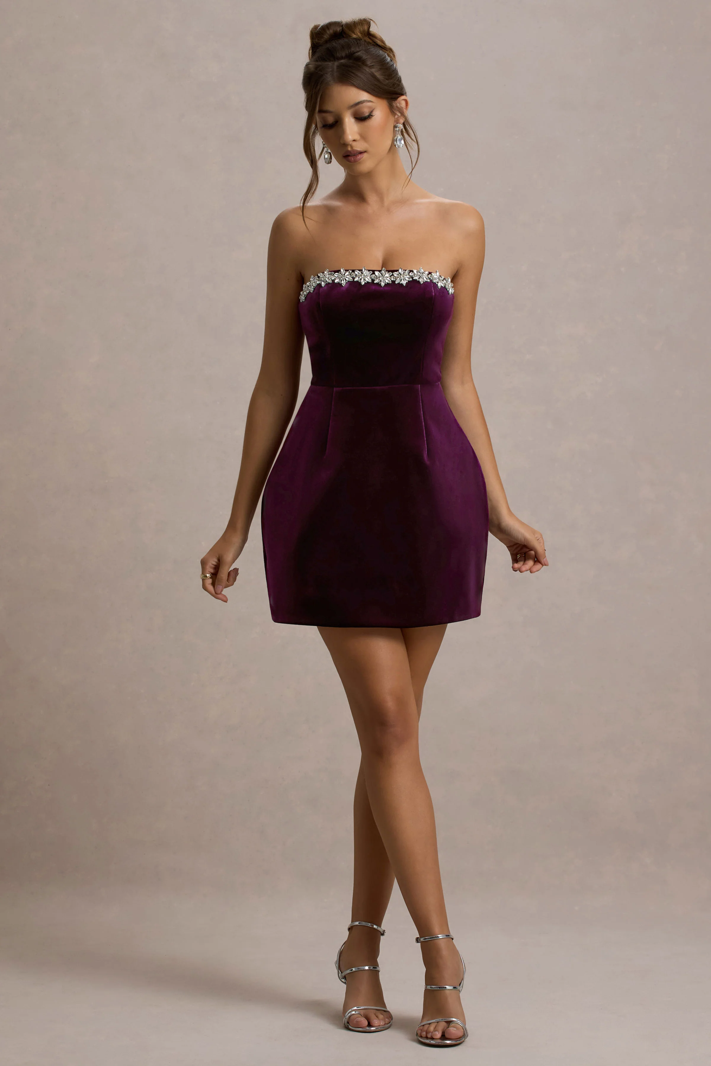 Naia | Port Velvet Embellished Bandeau Mini Dress - Image 4