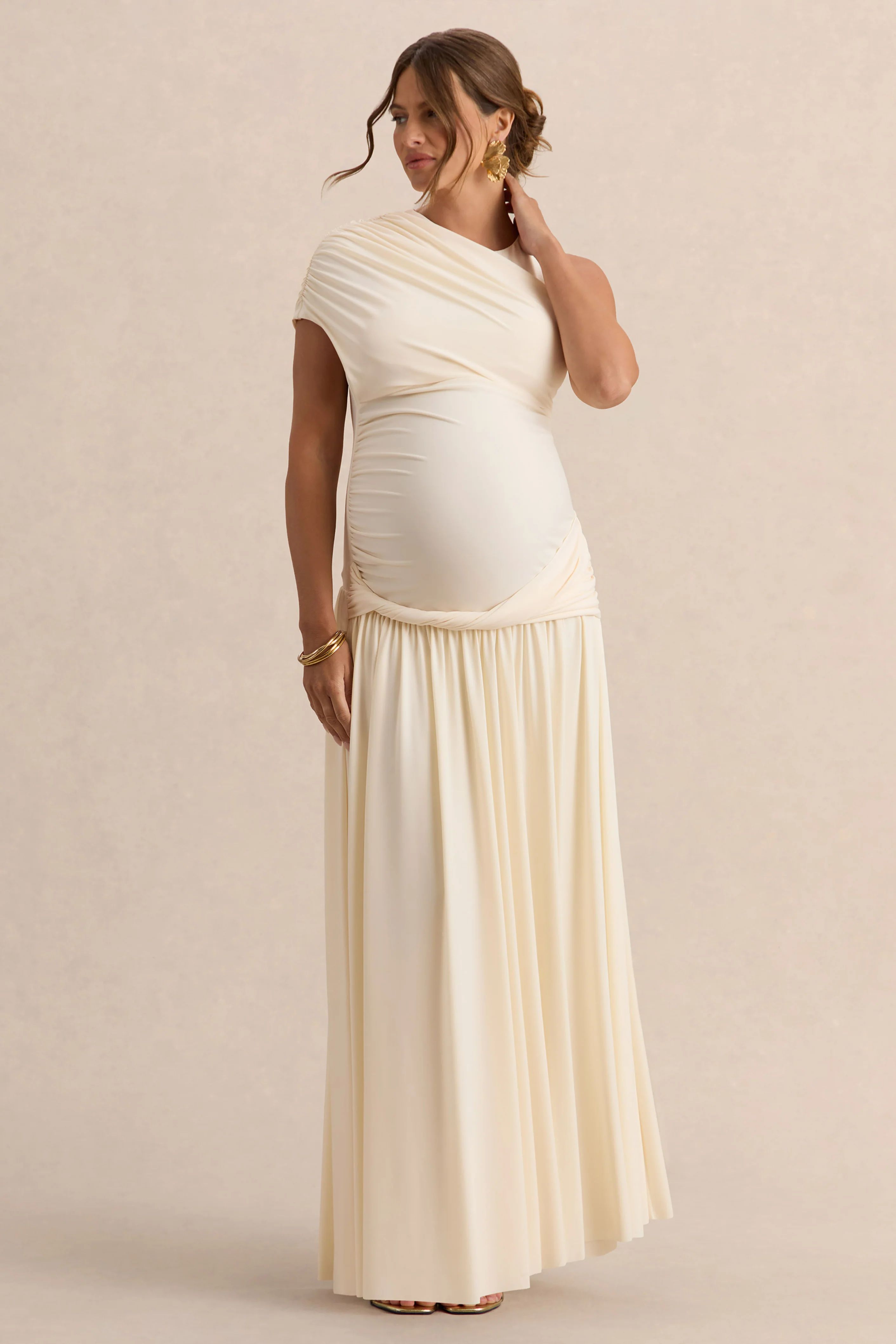 Naida | Cream Round-Neck Maternity Maxi Dress With Draped Detailing
