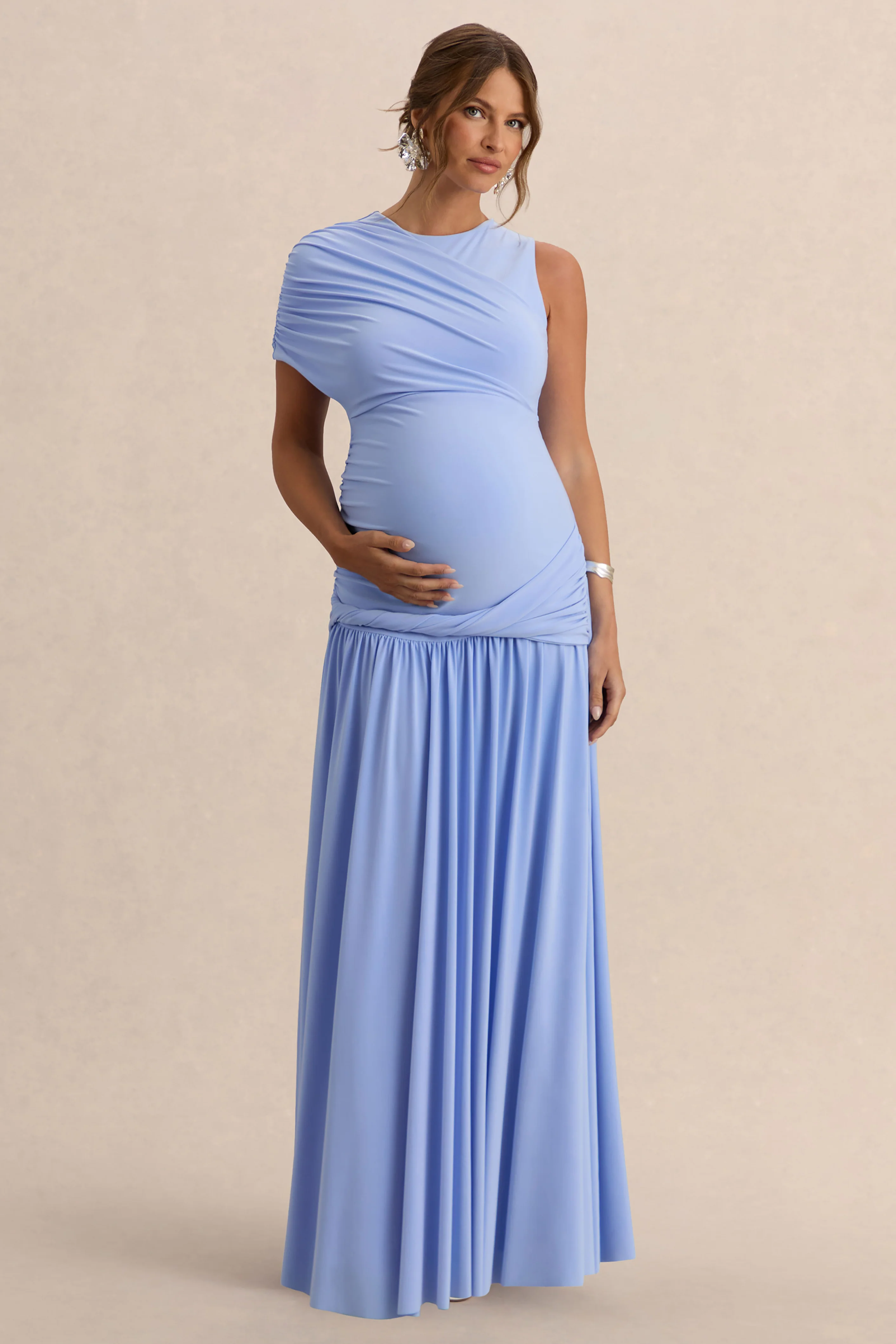 Naida | Light Blue Round-Neck Maternity Maxi Dress With Draped Detailing