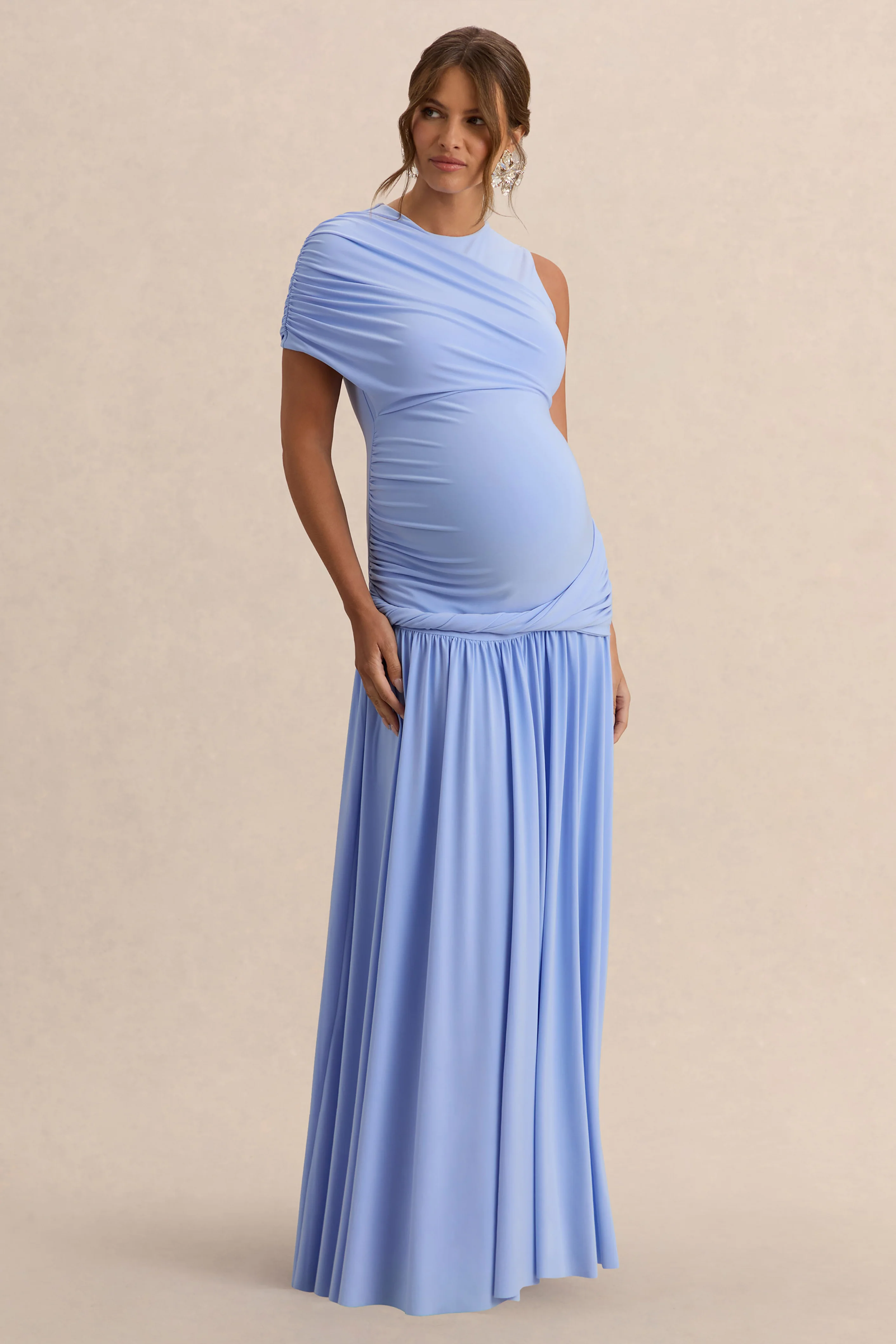 Naida | Light Blue Round-Neck Maternity Maxi Dress With Draped Detailing - Image 5