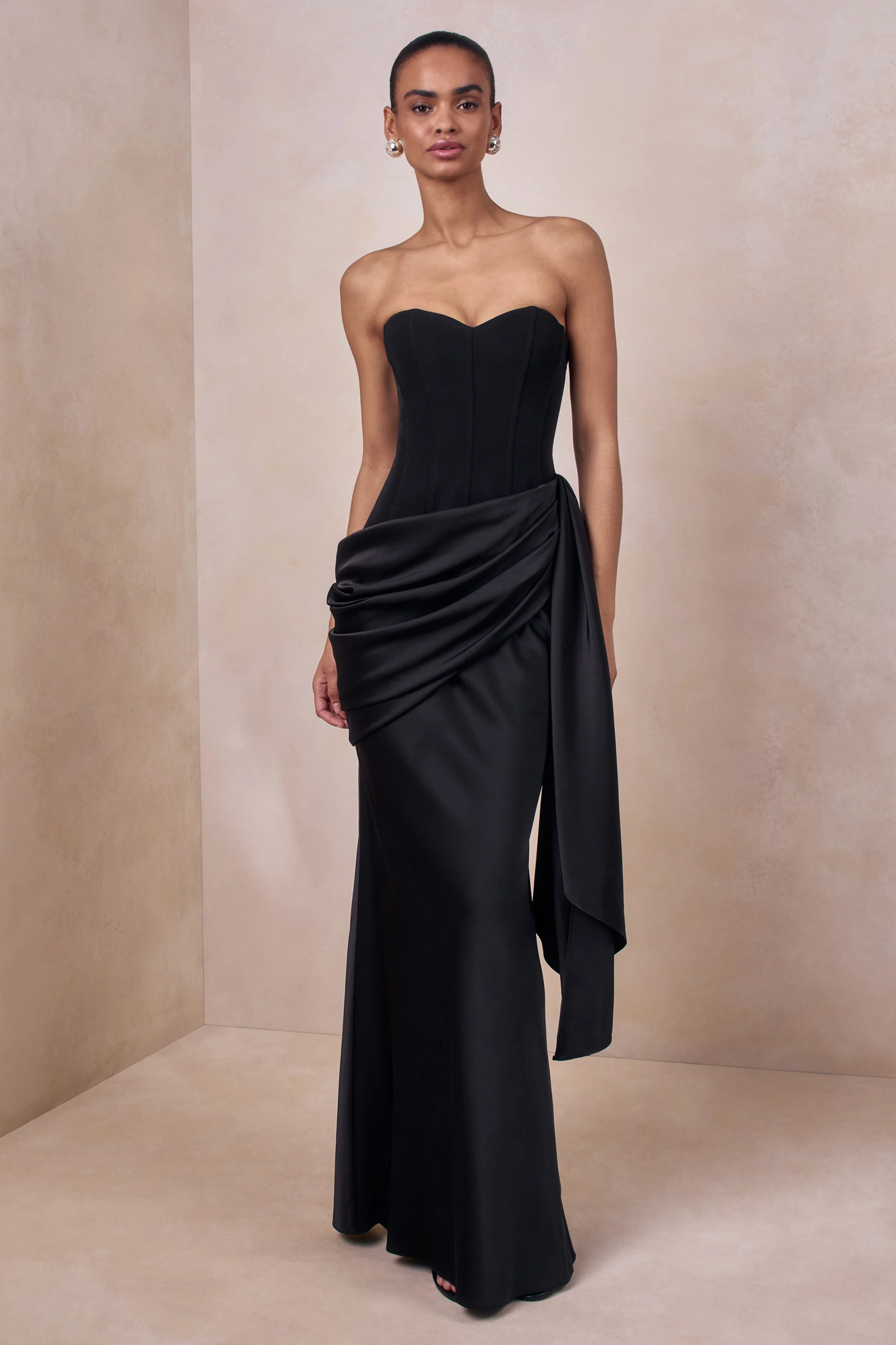 Nalira | Black Satin Bandeau Maxi Dress With Draped Skirt - Image 4