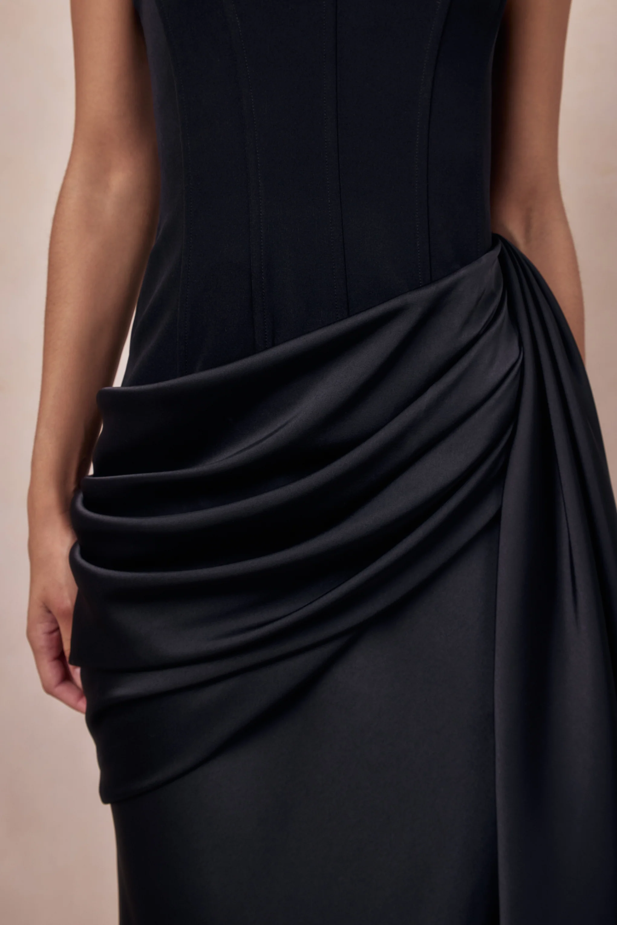 Nalira | Black Satin Bandeau Maxi Dress With Draped Skirt - Image 5