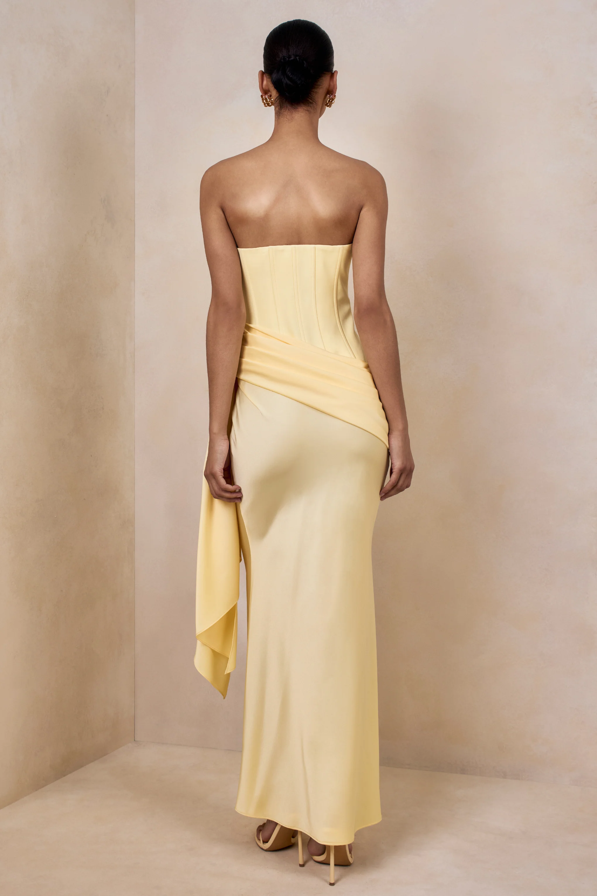 Nalira | Lemon Satin Bandeau Maxi Dress With Draped Skirt - Image 2
