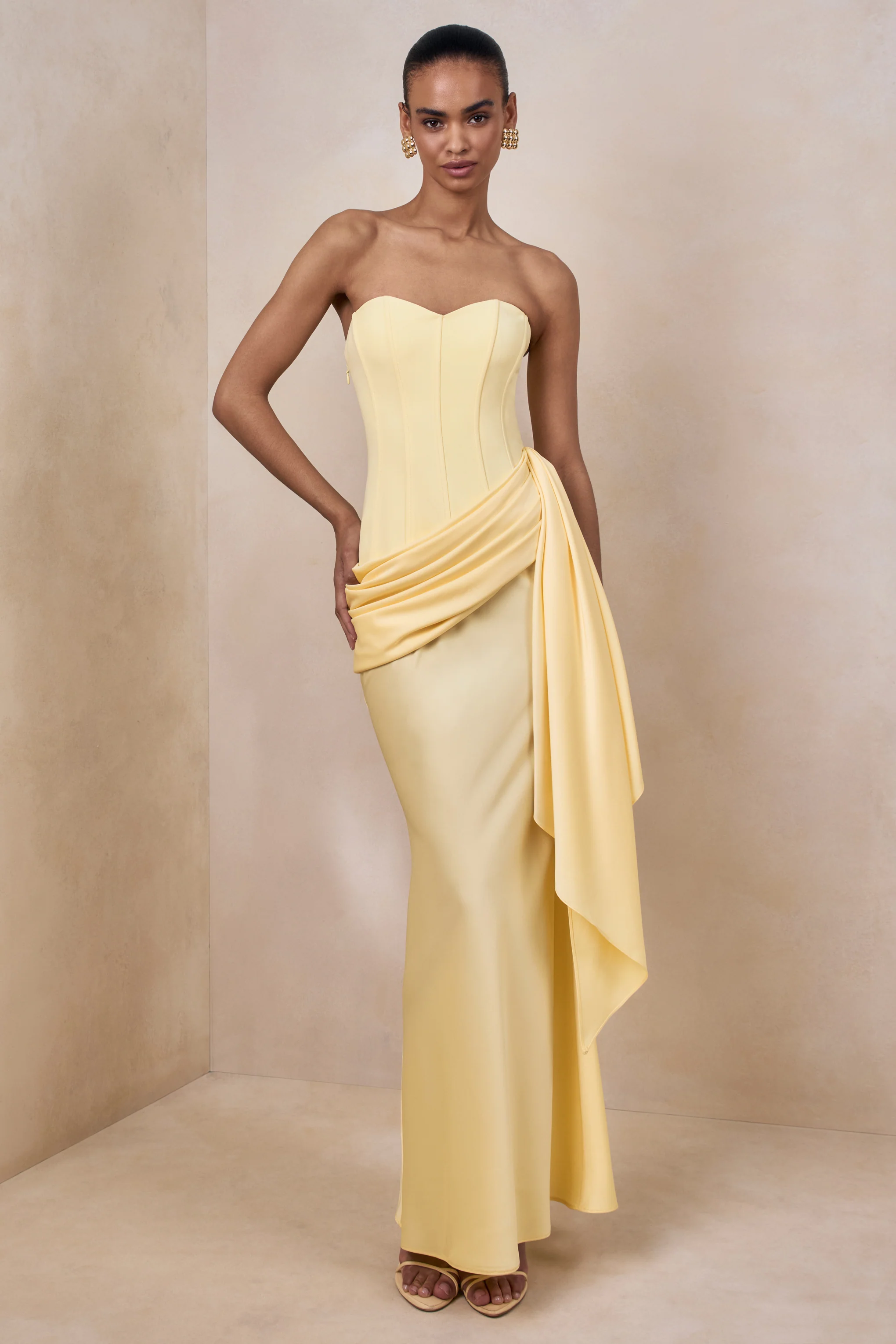 Nalira | Lemon Satin Bandeau Maxi Dress With Draped Skirt - Image 4