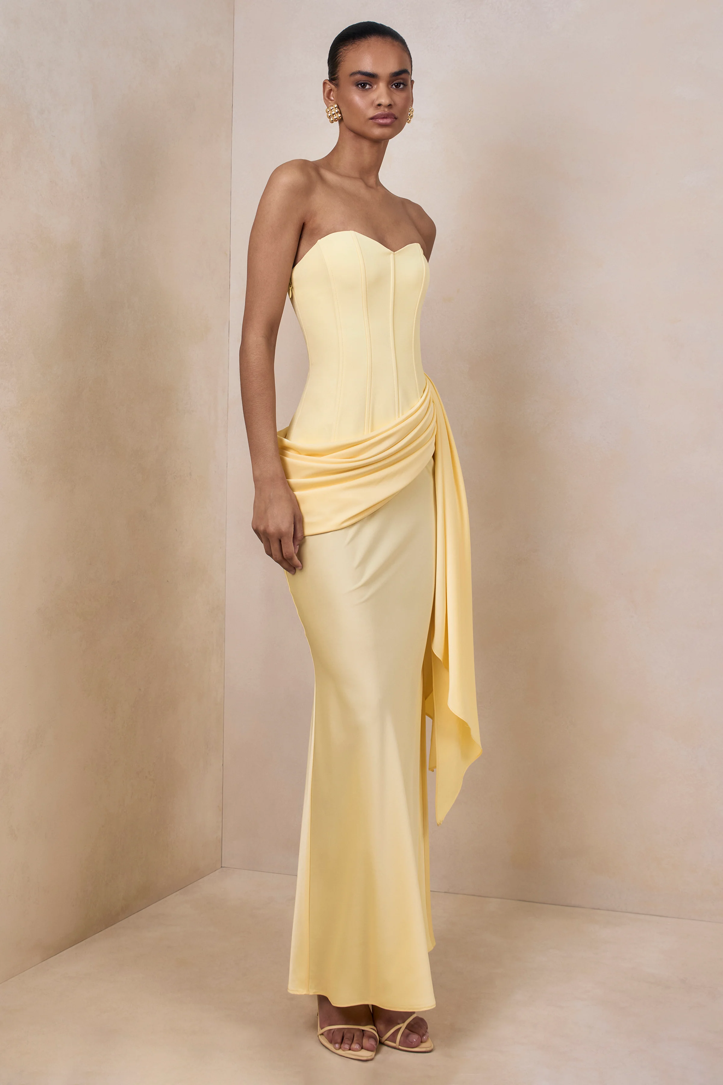 Nalira | Lemon Satin Bandeau Maxi Dress With Draped Skirt - Image 5