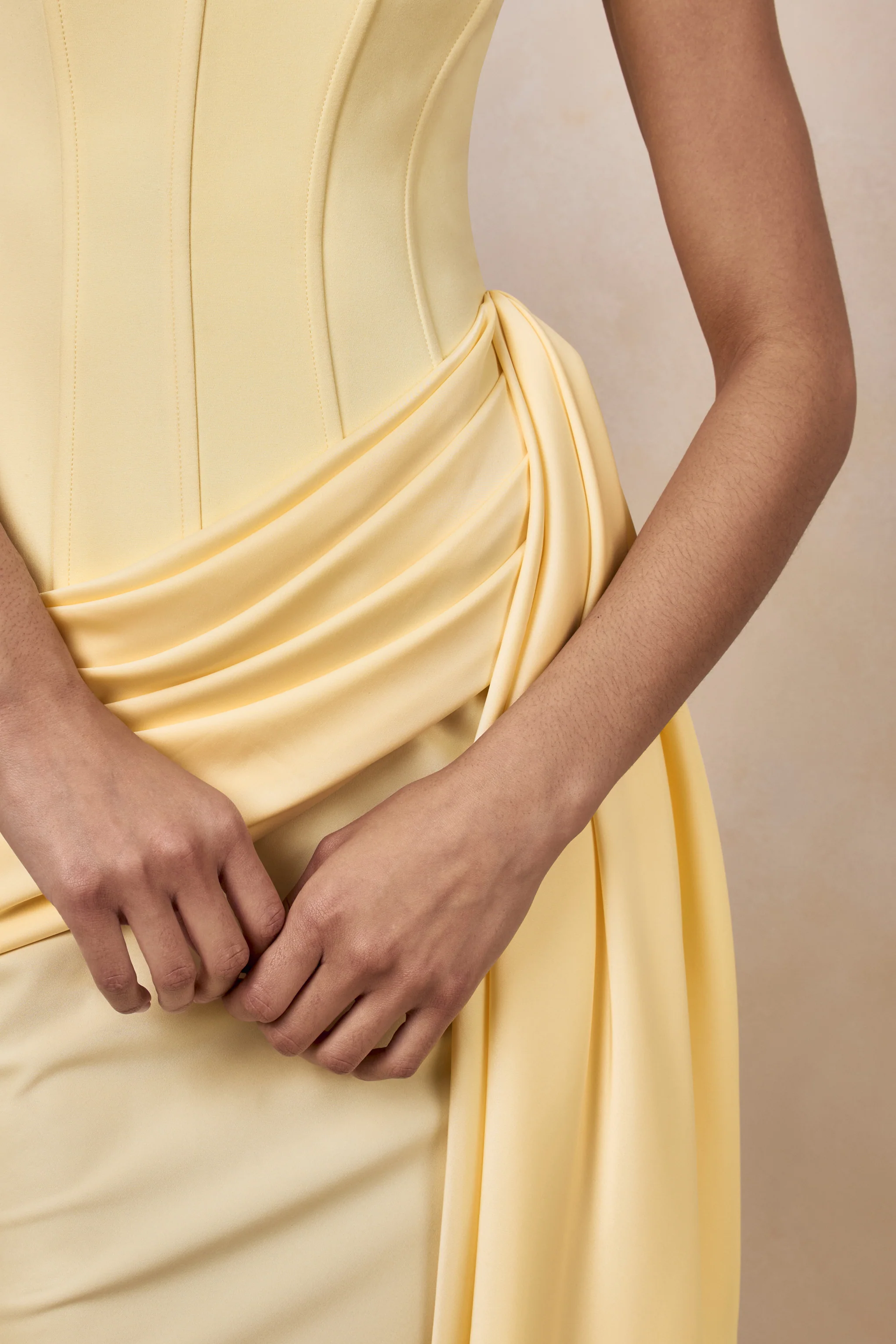 Nalira | Lemon Satin Bandeau Maxi Dress With Draped Skirt - Image 6