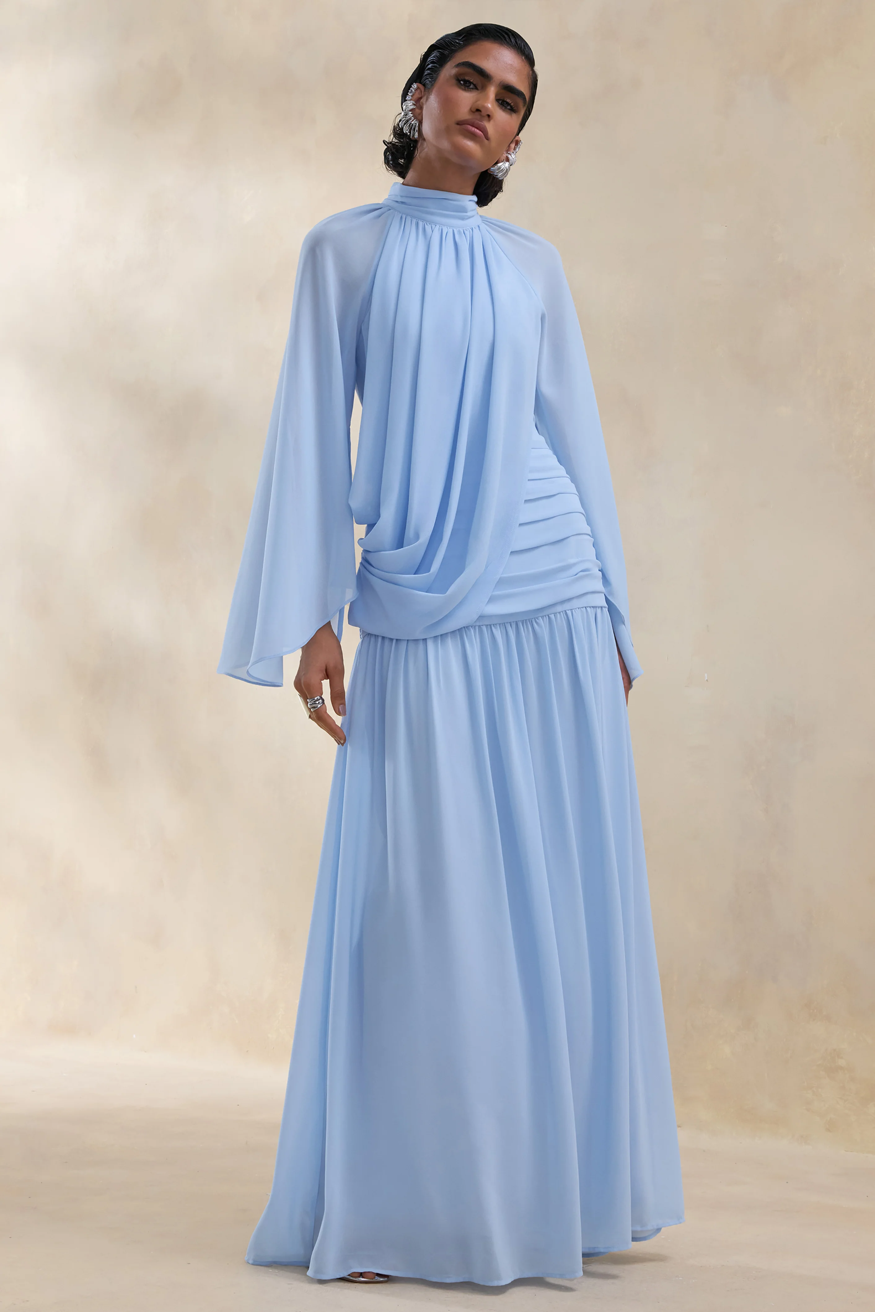 Narella | Blue Chiffon High-Neck Maxi Dress With Draped-Detailing - Image 4