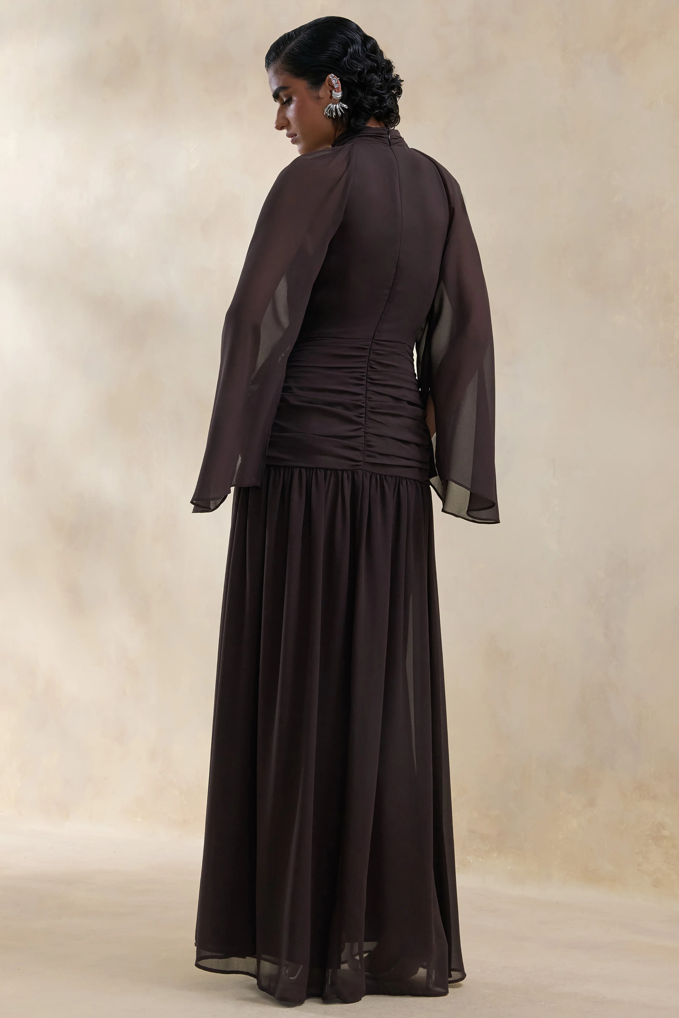 Narella | Brown Chiffon High-Neck Maxi Dress With Draped-Detailing - Image 2