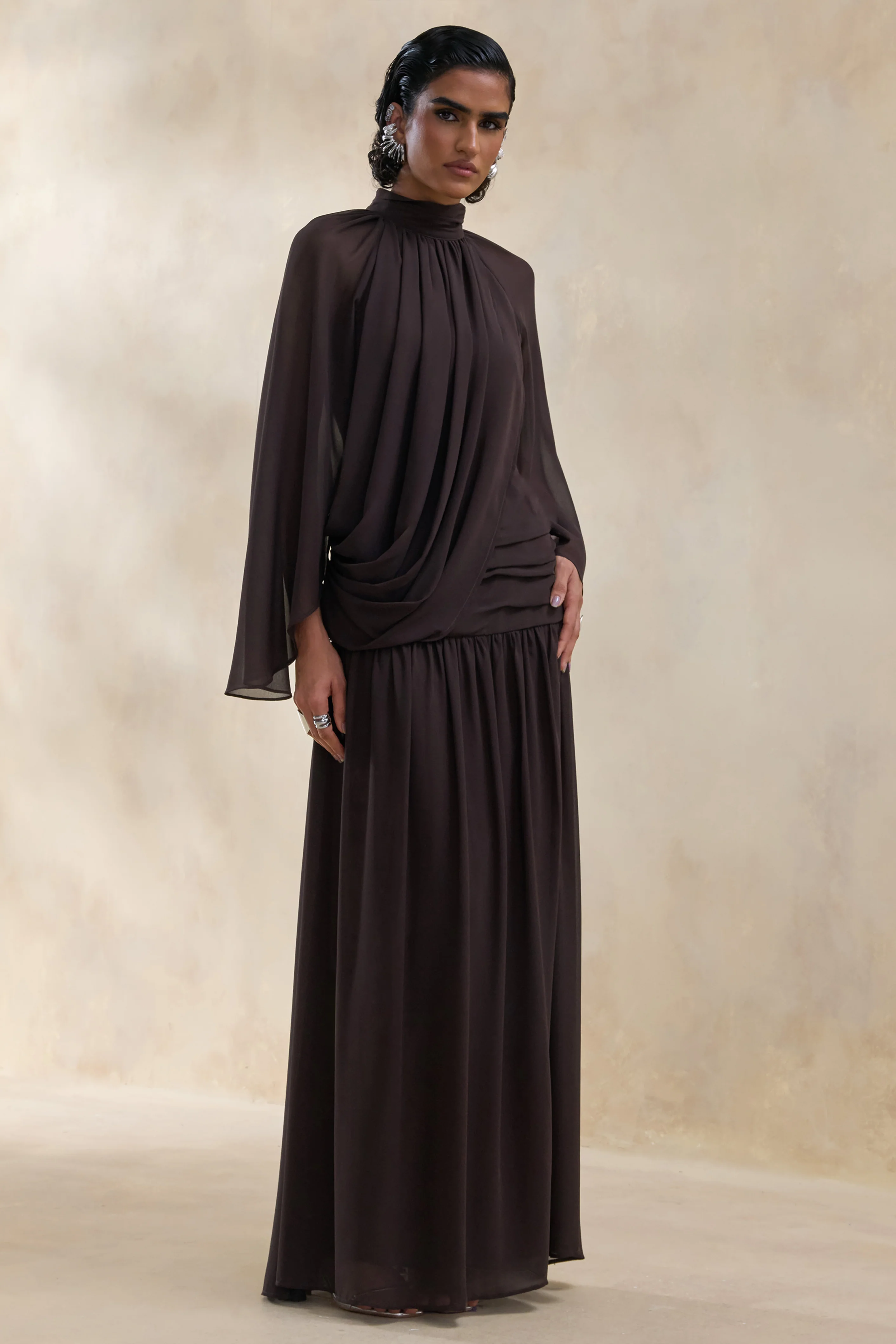 Narella | Brown Chiffon High-Neck Maxi Dress With Draped-Detailing - Image 5