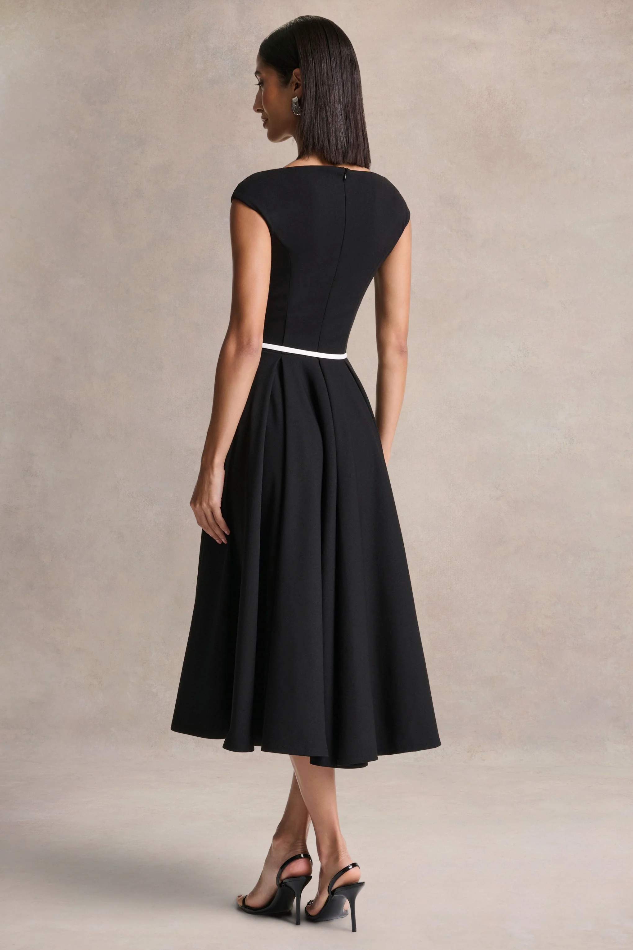 Nataline | Black Round-Neck Midi Dress With White Belt-Detail - Image 2