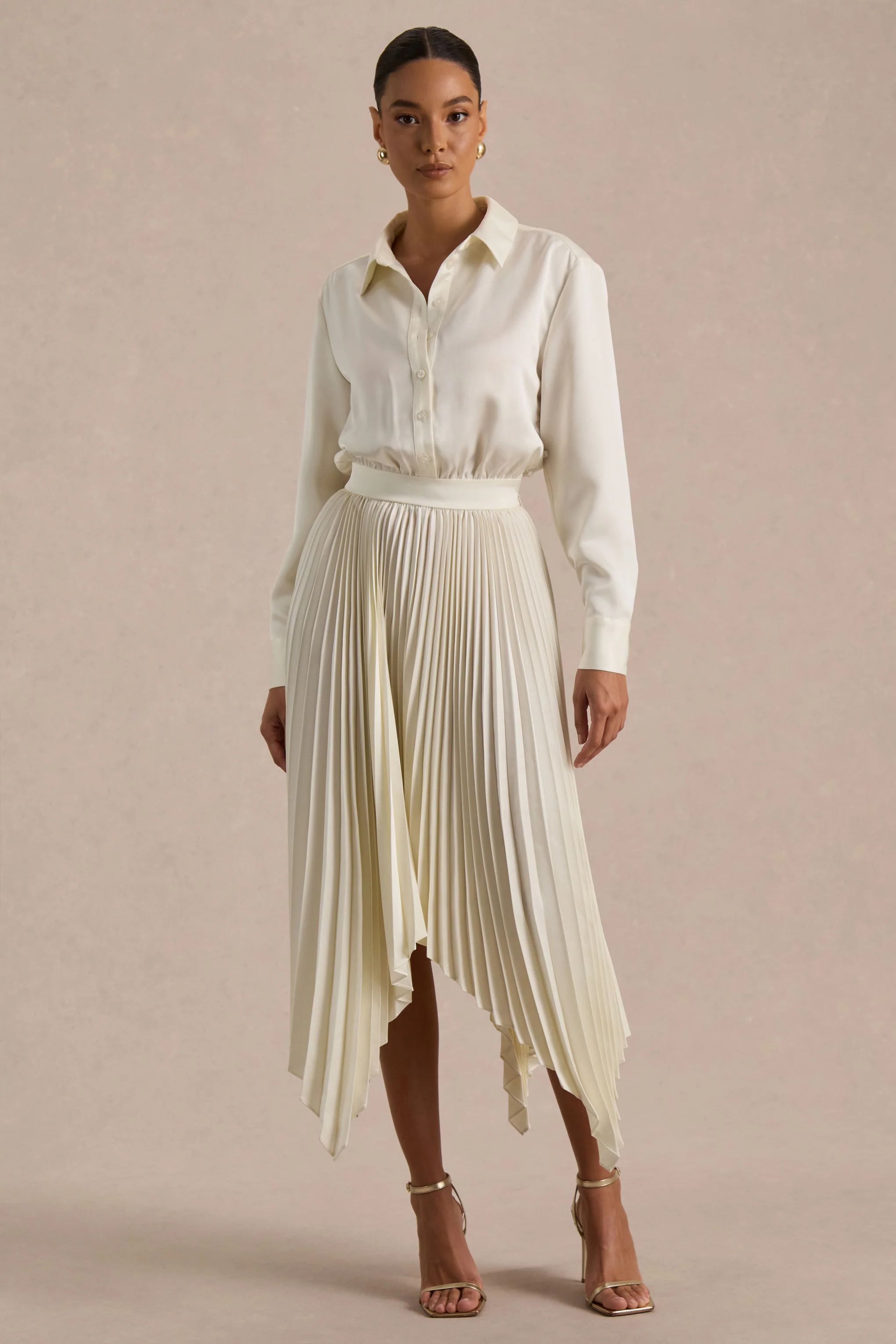 Naxos | Cream Satin Shirt Maxi Dress With Pleated Skirt - Image 7