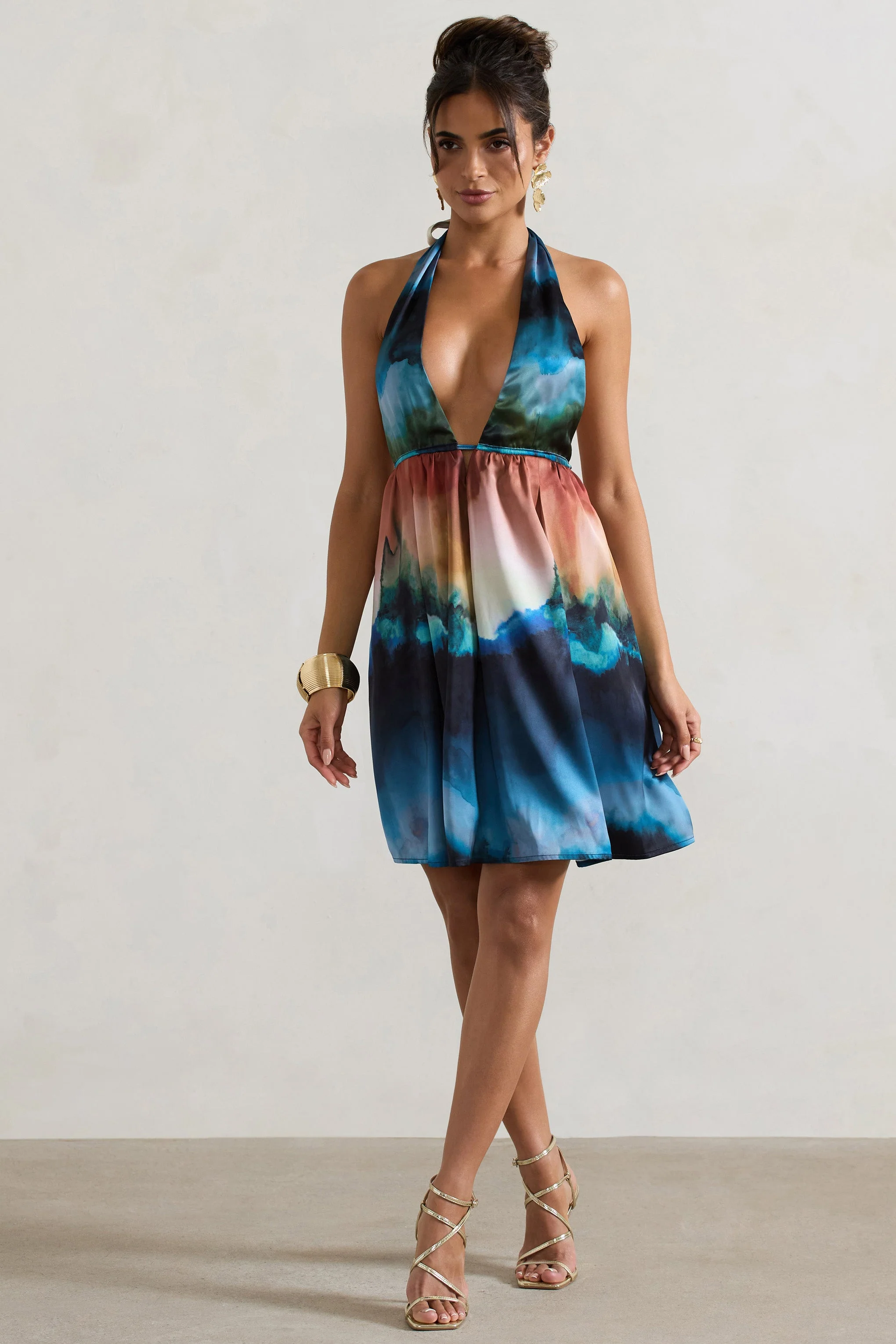 Naxos | Multi Blur Print Plunge-Neck Babydoll Mini Dress - Image 2