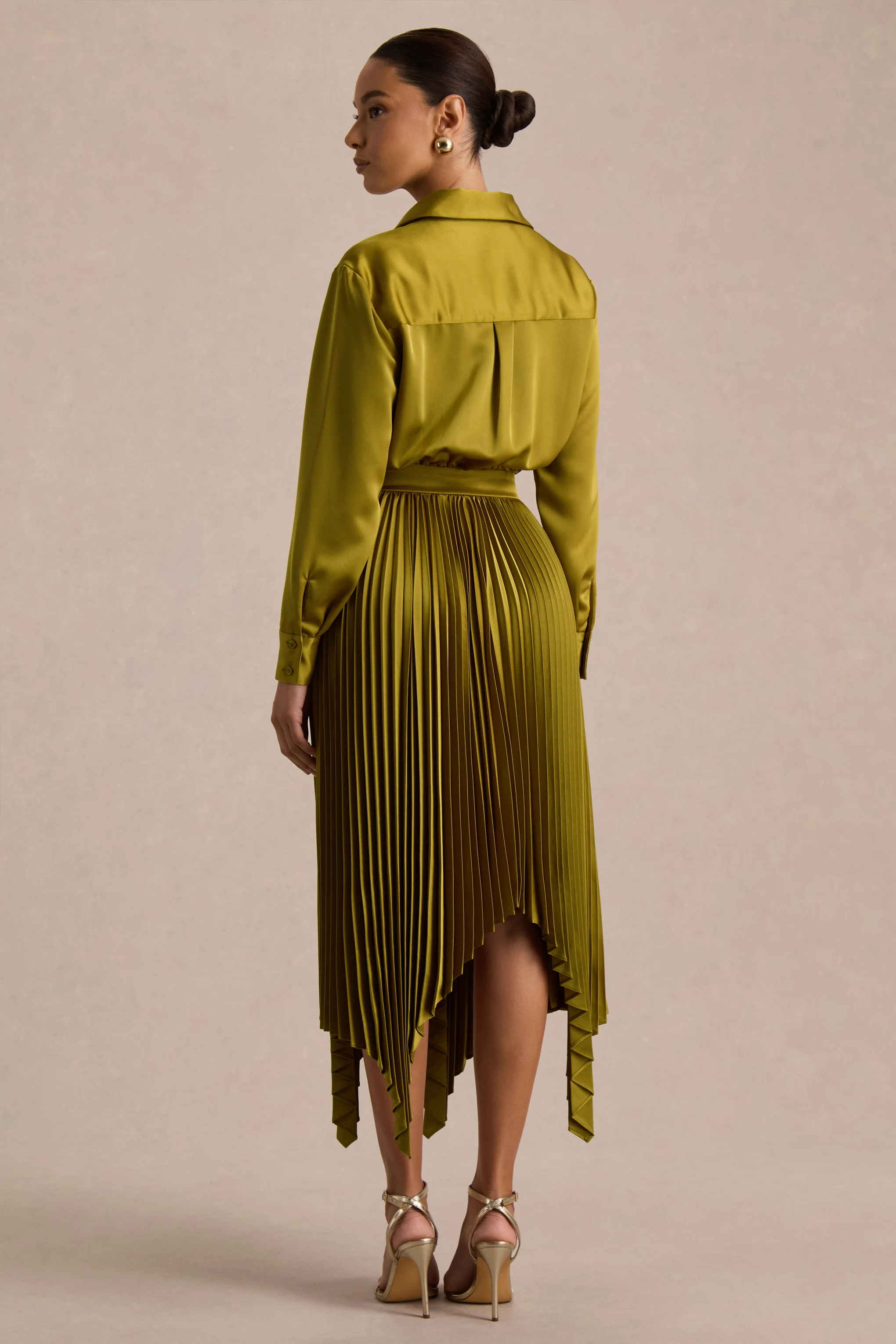 Naxos | Olive Satin Shirt Maxi Dress With Pleated Skirt - Image 2