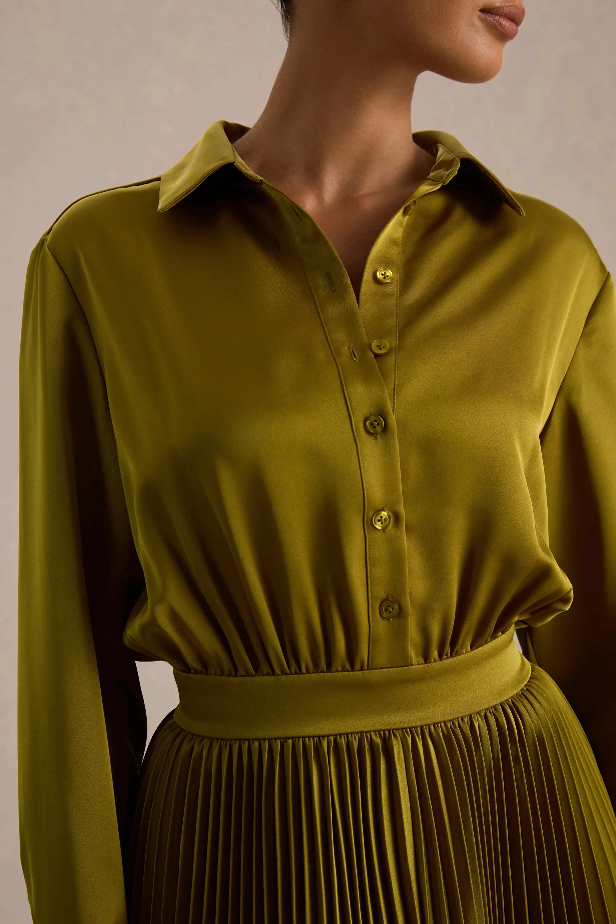 Naxos | Olive Satin Shirt Maxi Dress With Pleated Skirt - Image 4