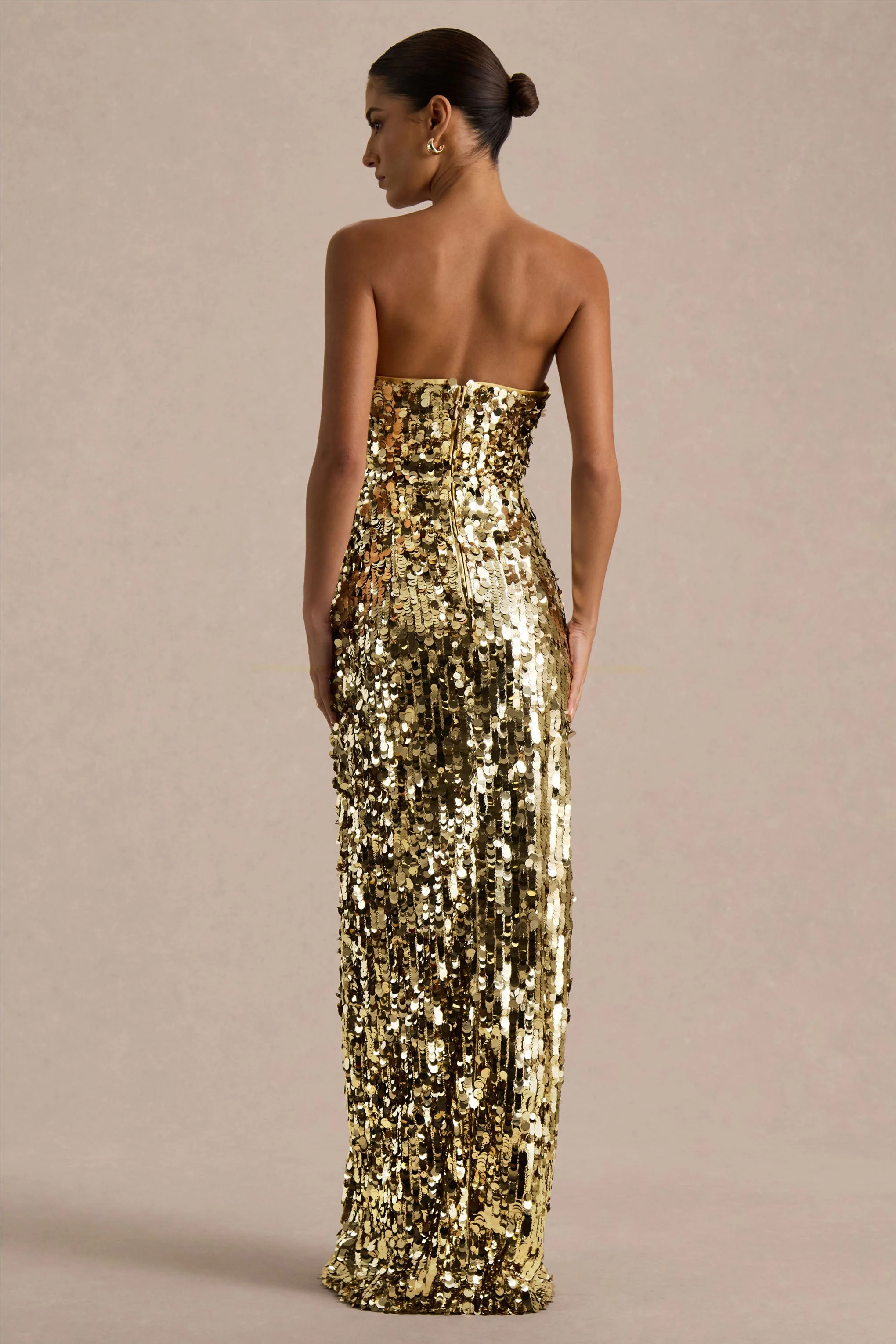 Nerea | Gold Sequin Bandeau Maxi Dress With Front High-Split - Image 2