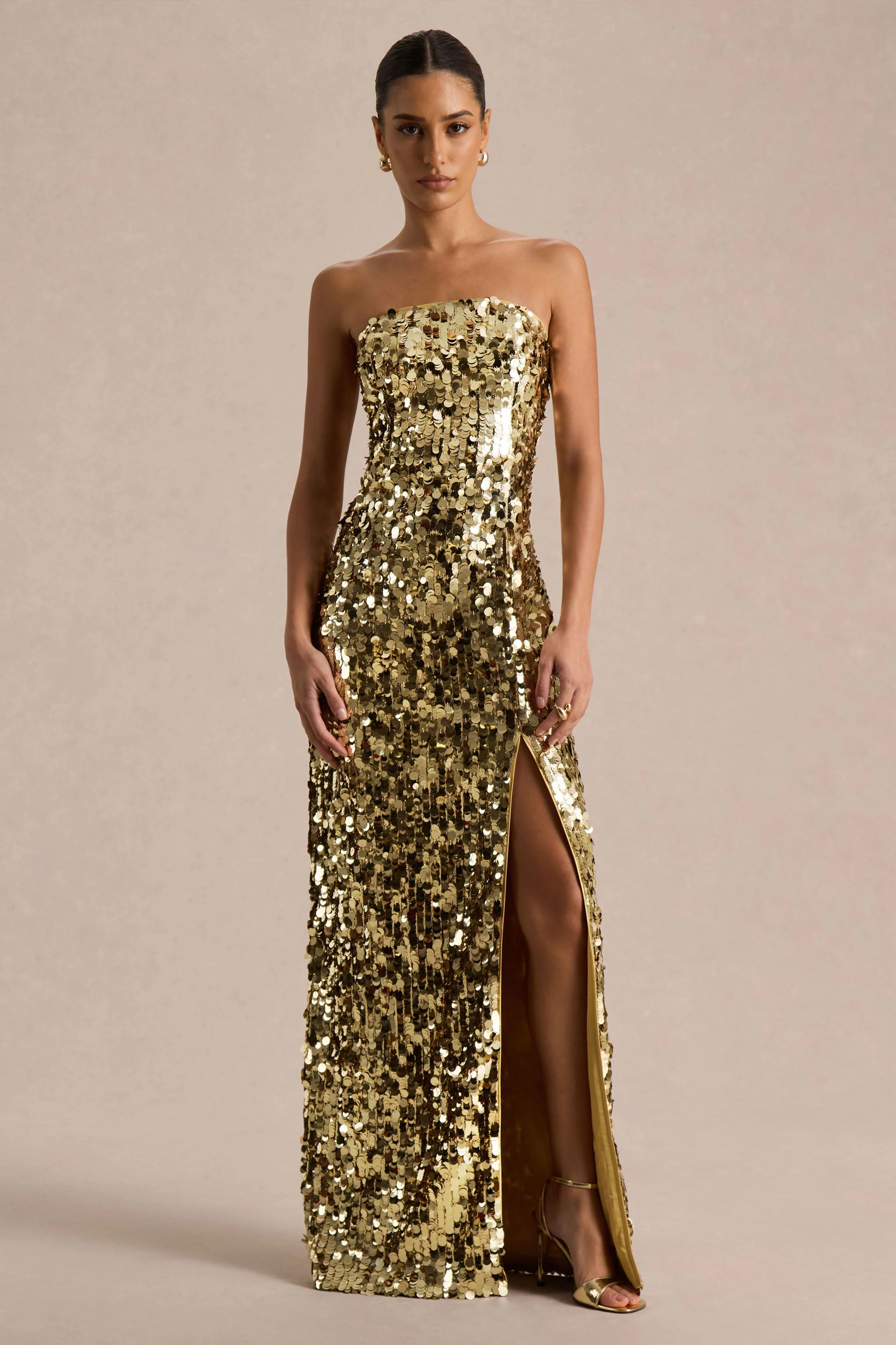Nerea | Gold Sequin Bandeau Maxi Dress With Front High-Split - Image 4