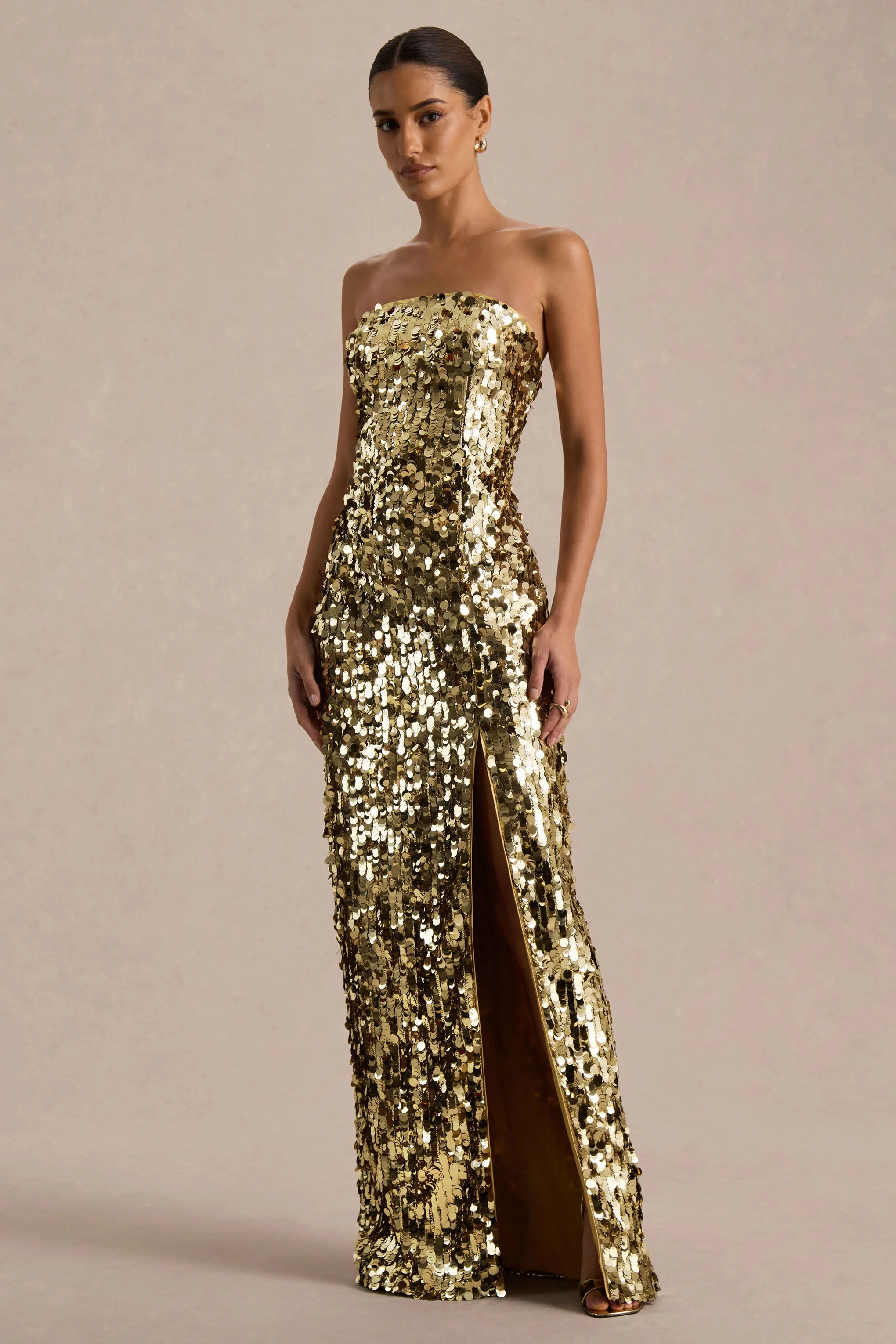 Nerea | Gold Sequin Bandeau Maxi Dress With Front High-Split - Image 5