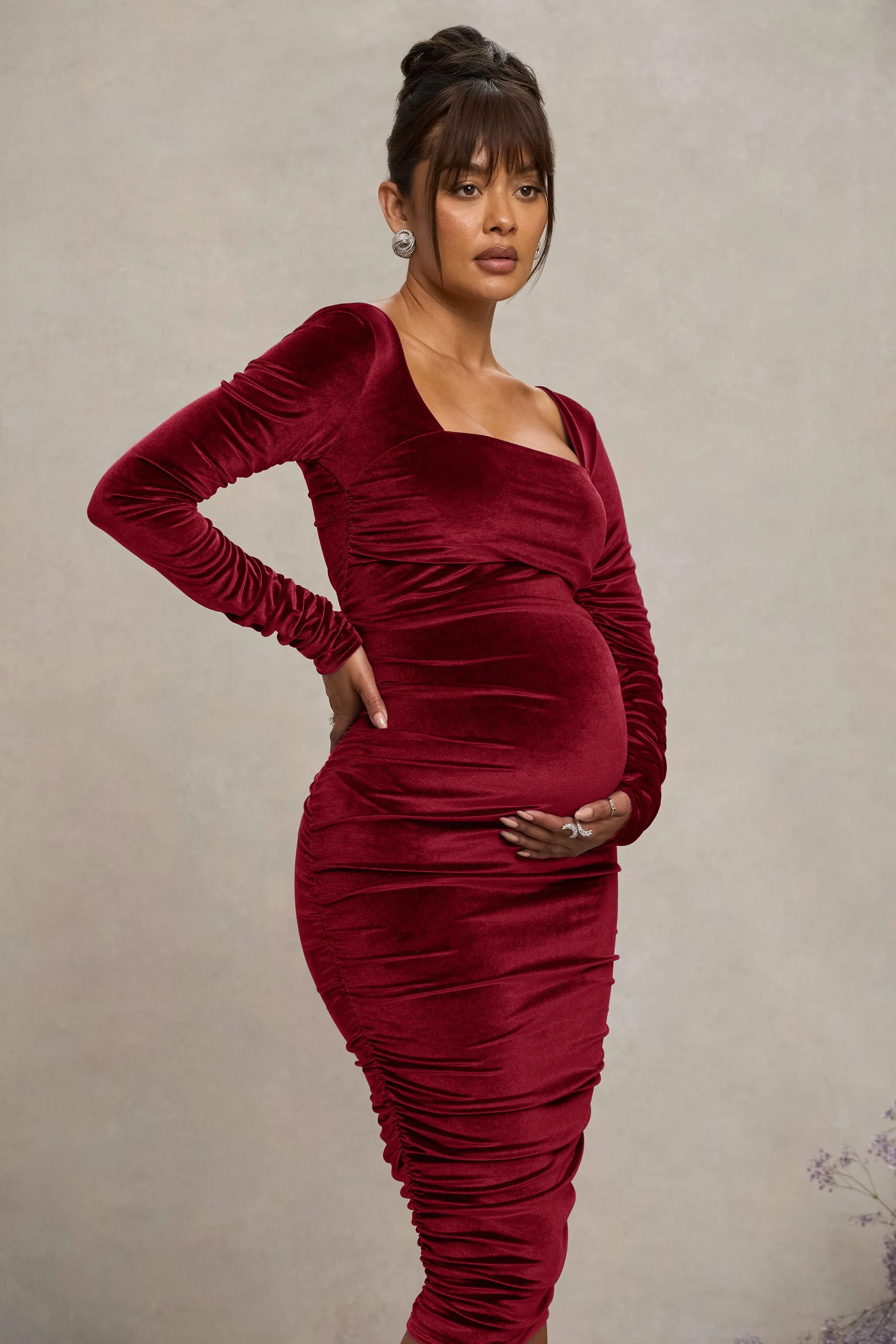 New Life | Berry Velvet Maternity Square Neck Ruched Midi Dress - Image 3