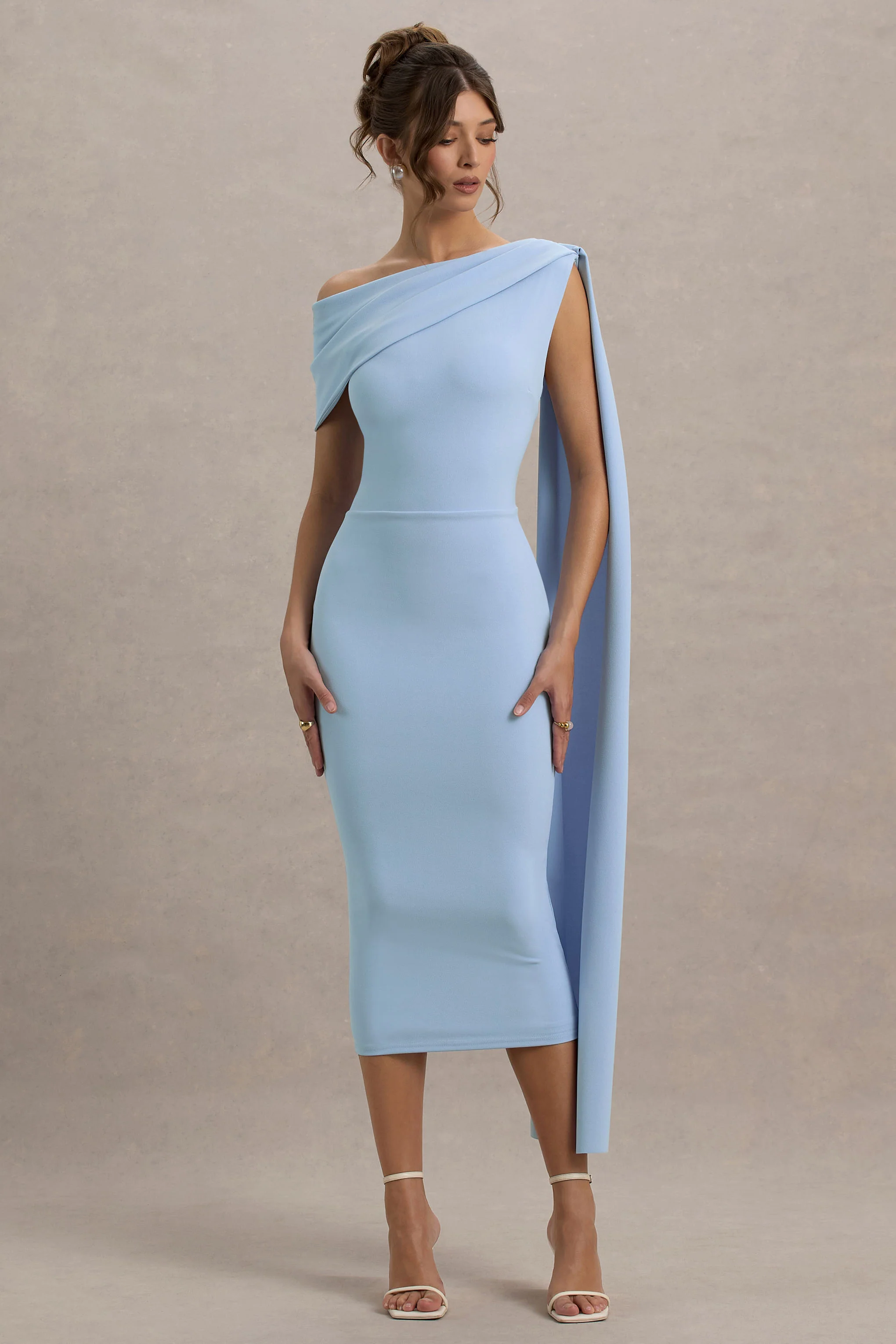 Niamh | Powder Blue Asymmetric Midi Dress With Drape - Image 5