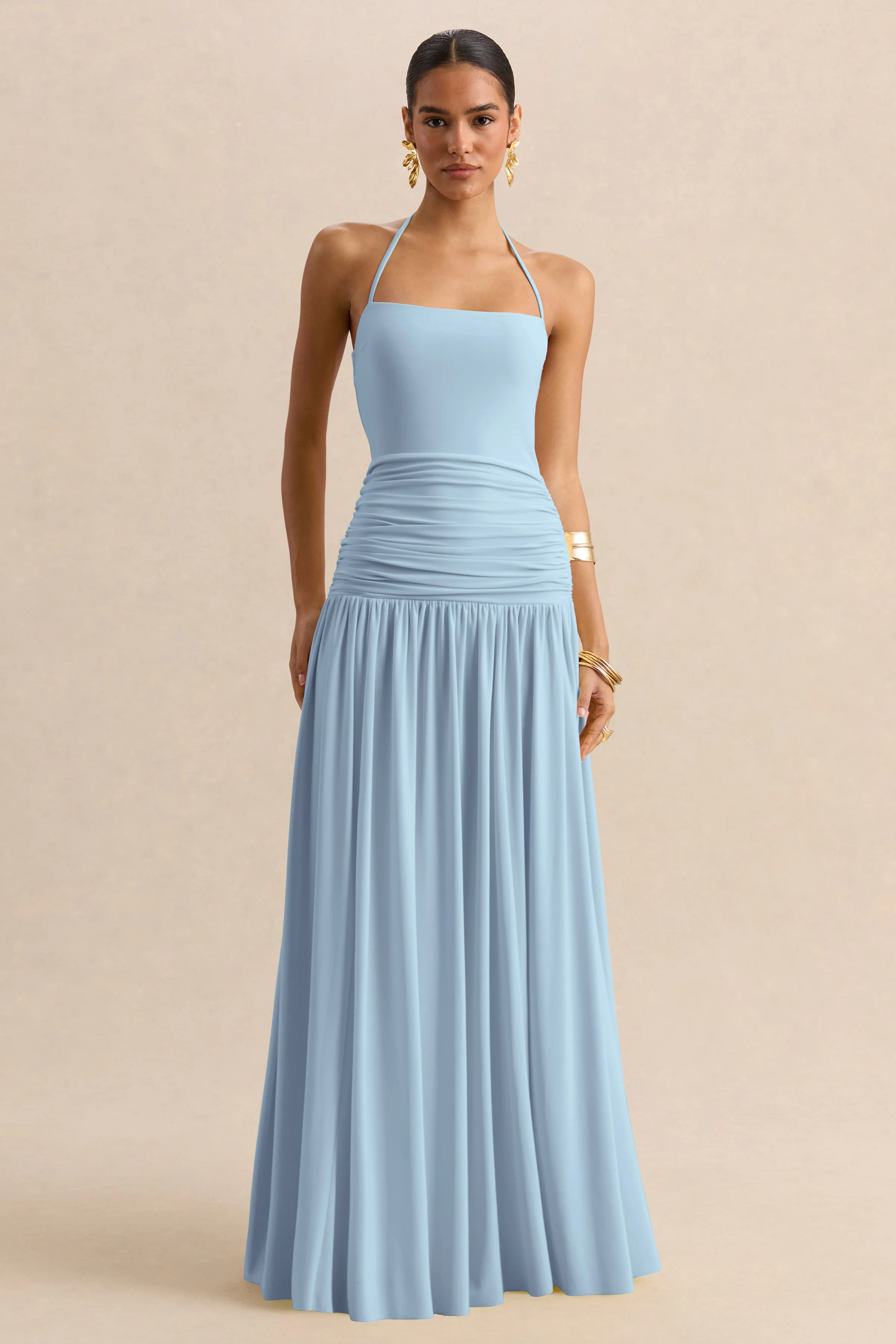 Nicolette | Powder Blue Square-Neck Maxi Dress With Ruched-Detailing