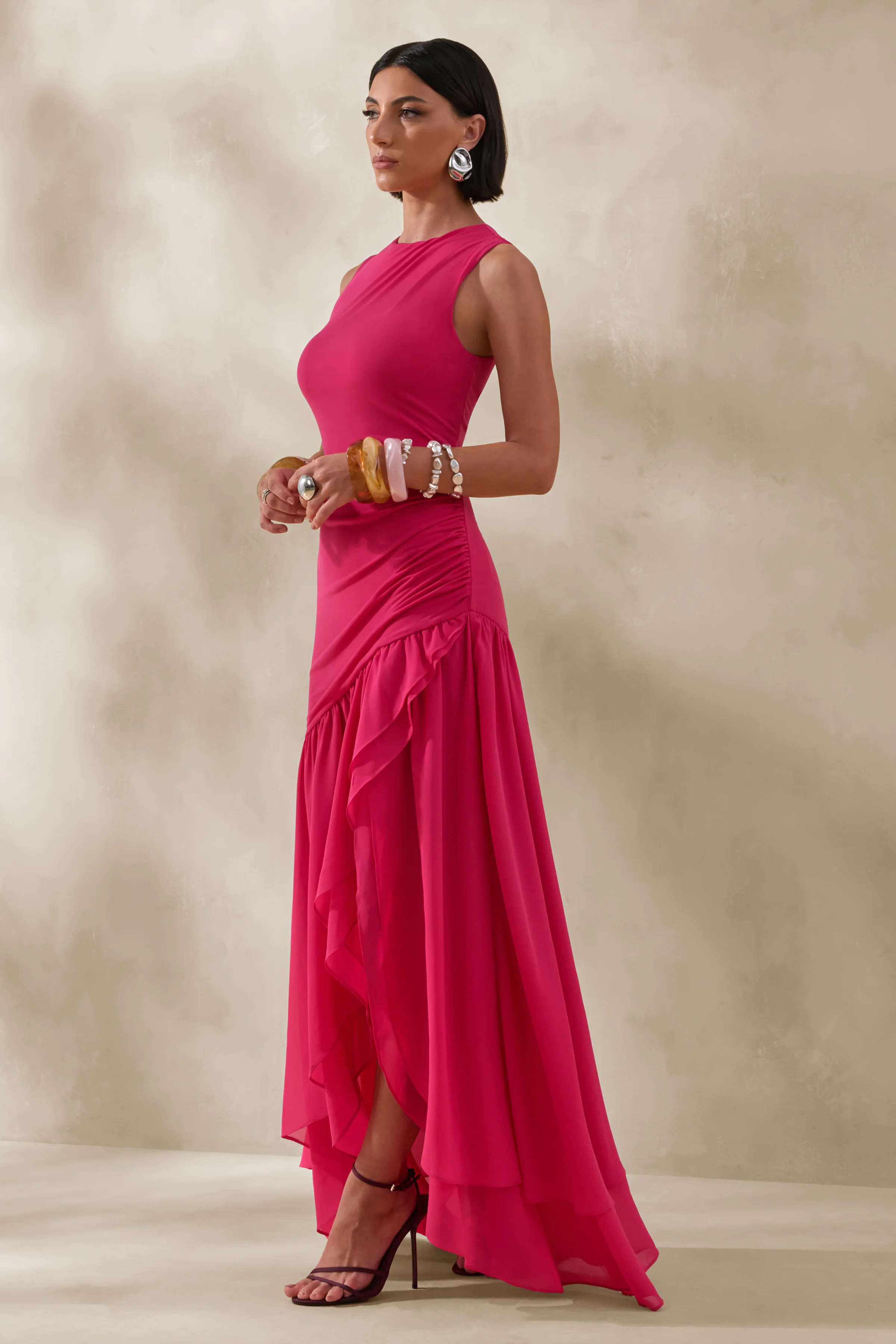 Noelia | Hot Pink High-Neck Maxi Dress With Ruffled Detailing - Image 4