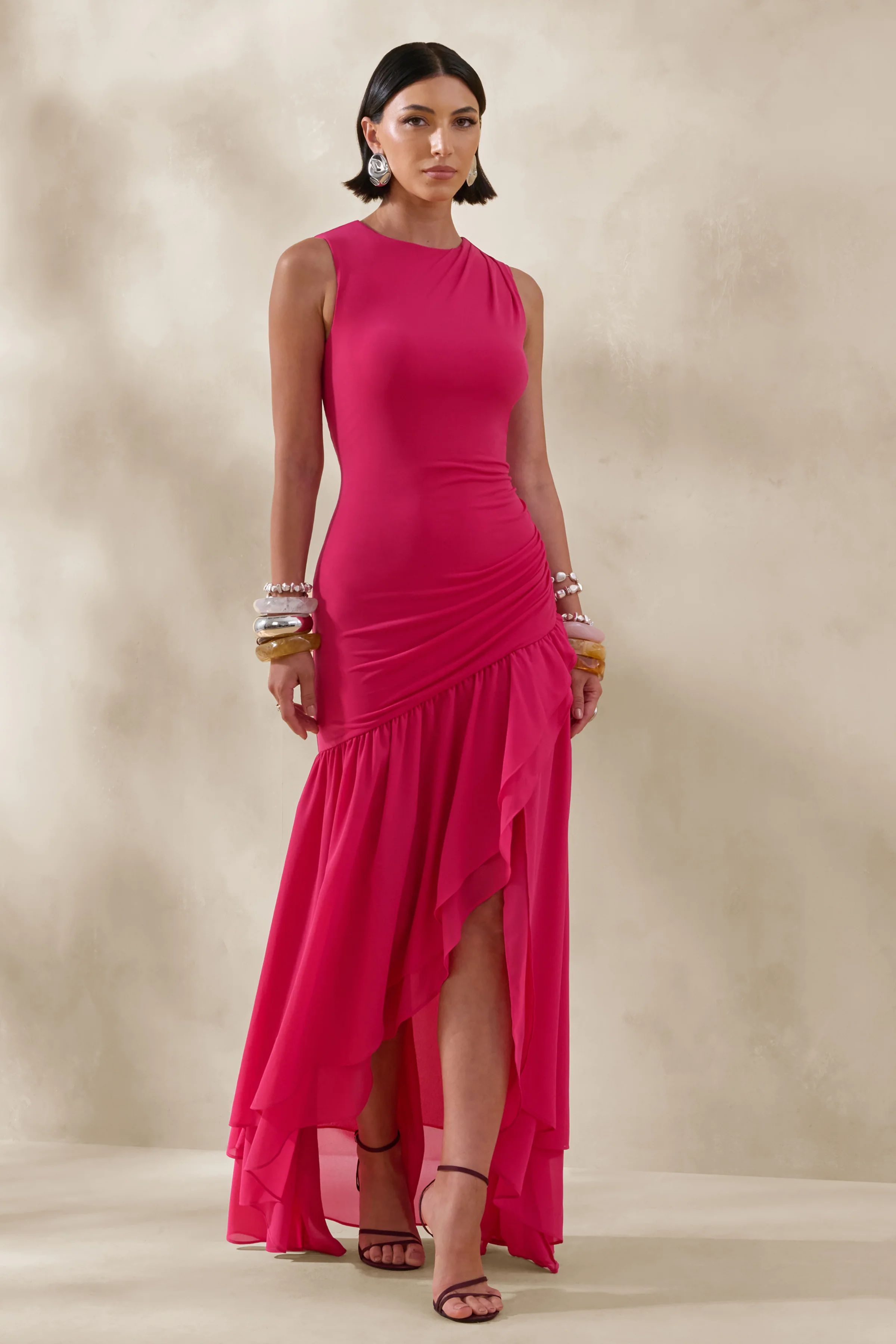 Noelia | Hot Pink High-Neck Maxi Dress With Ruffled Detailing - Image 5